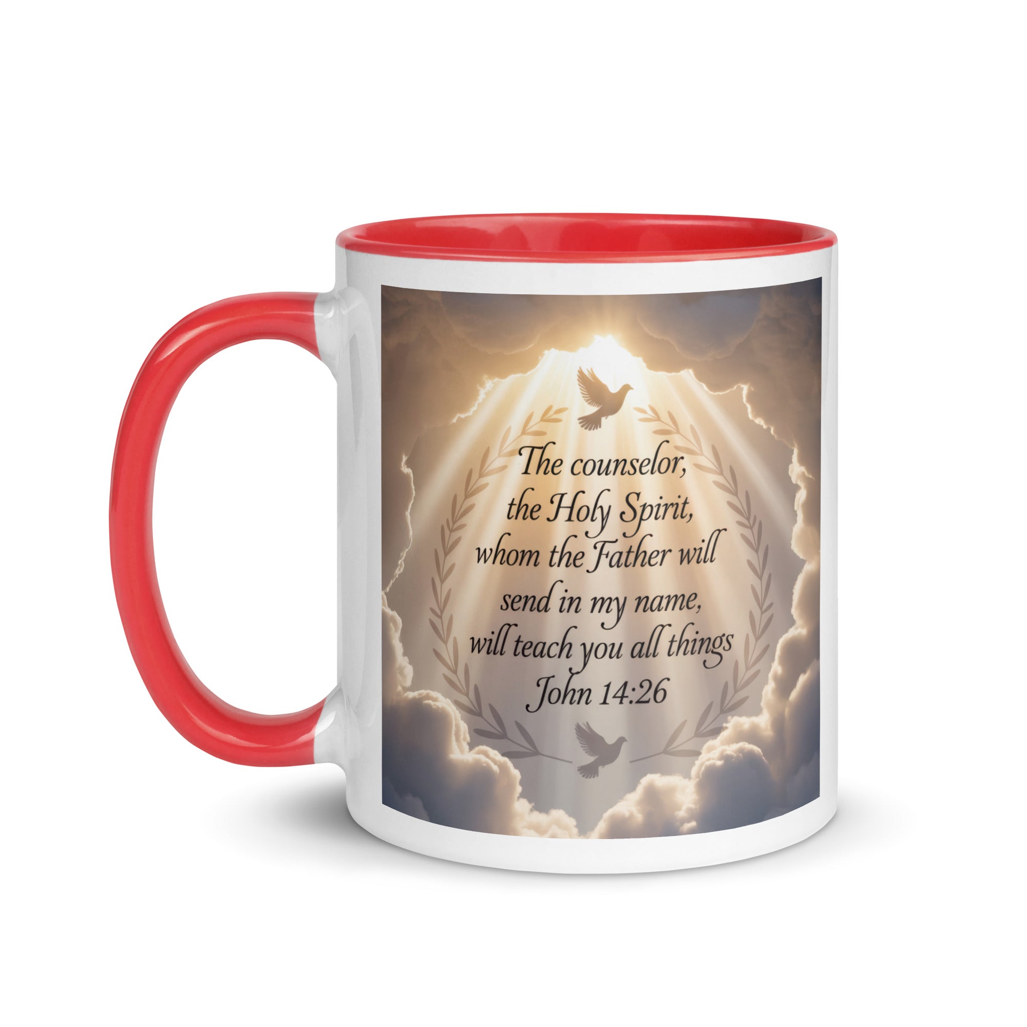 John 14:26 Bible Verse Counselor White Ceramic Mug with Color Inside