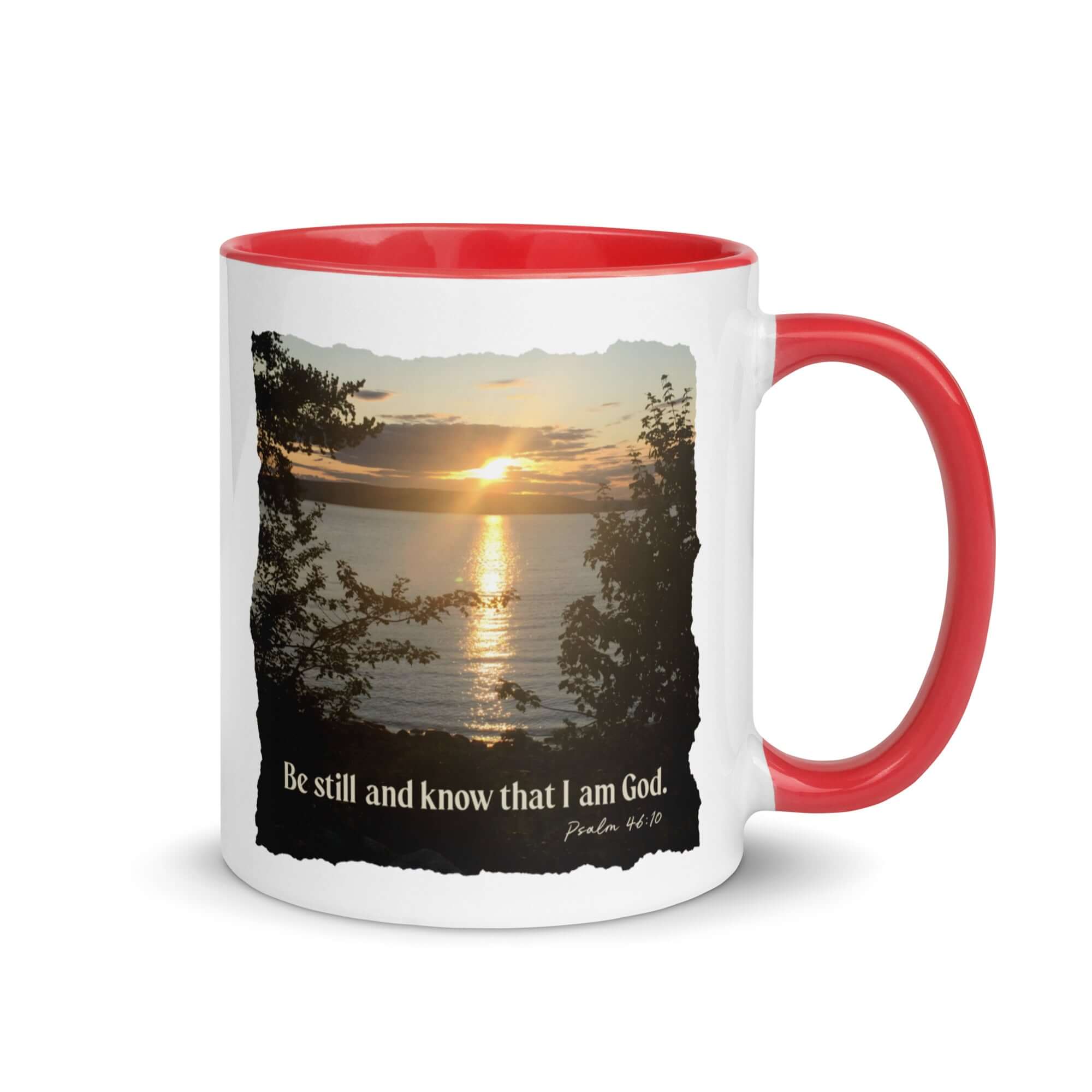 Psalm 46:10 Bible Verse, Sunset Glory White Ceramic Mug with Color Inside Red 11 oz