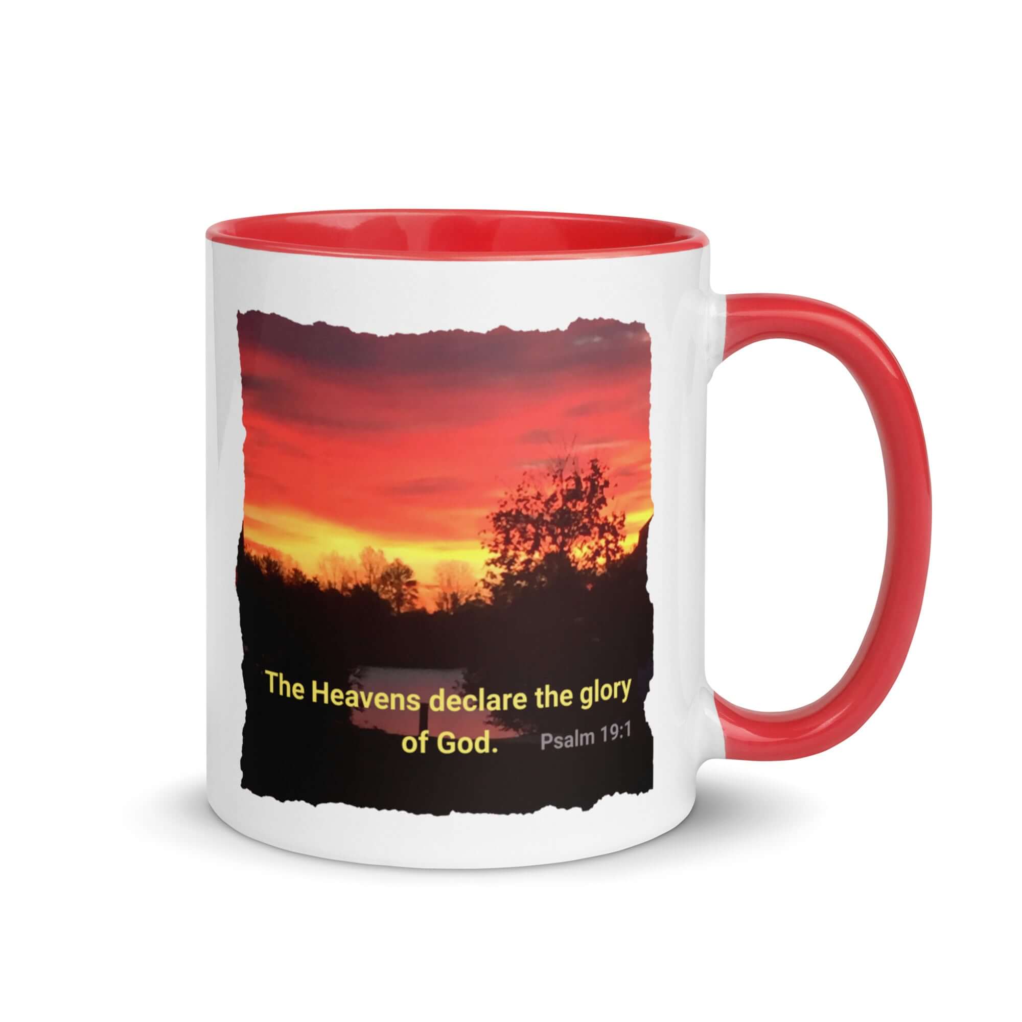Psalm 19:1 Bible Verse, Sunset Glory White Ceramic Mug with Color Inside Red 11 oz