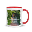 Revelation 3:20 Bible Verse, Garden Doorway White Ceramic Mug with Color Inside Red 11 oz