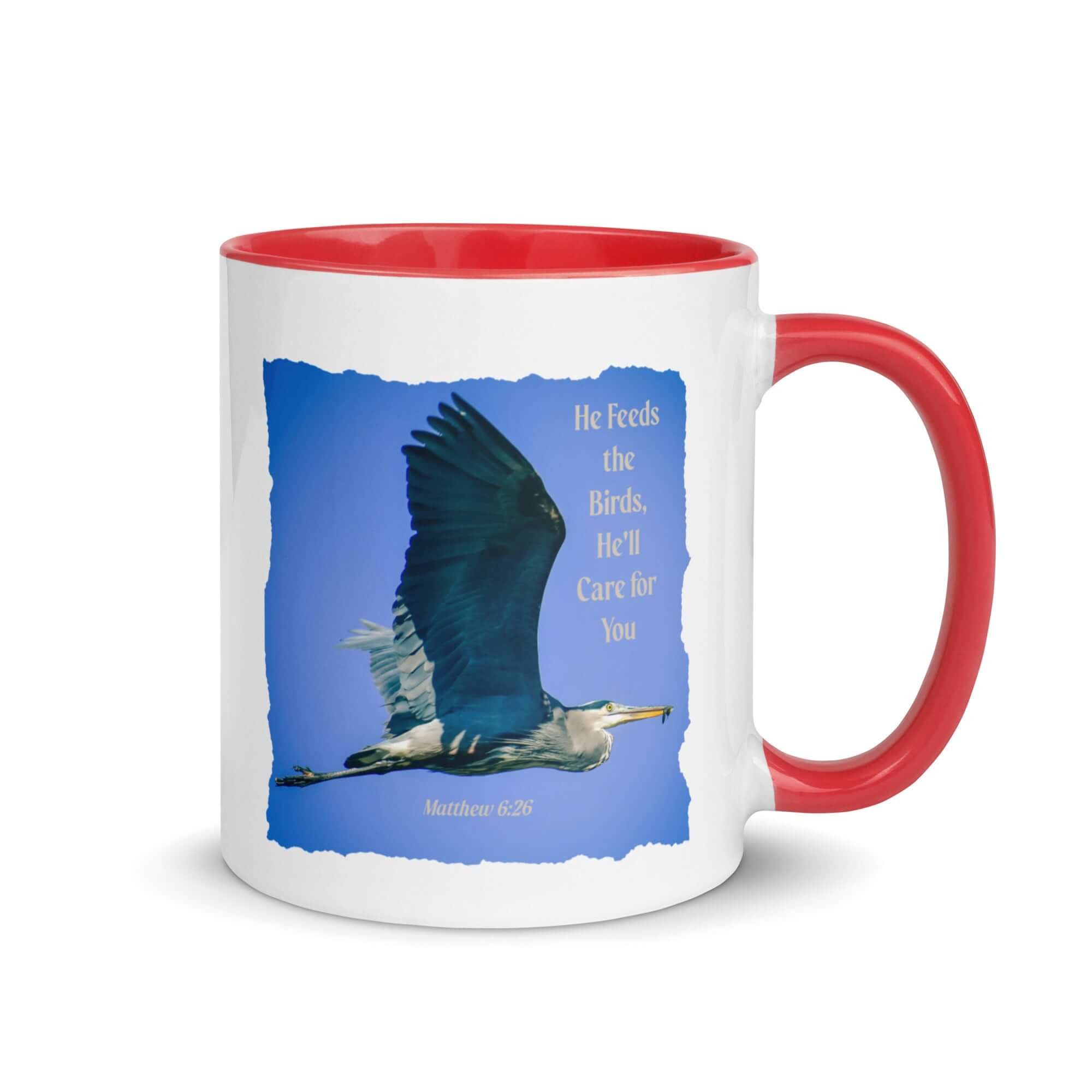 Matthew 6:26 Graceful Heron, He'll Care for You White Ceramic Mug with Color Inside Red 11 oz