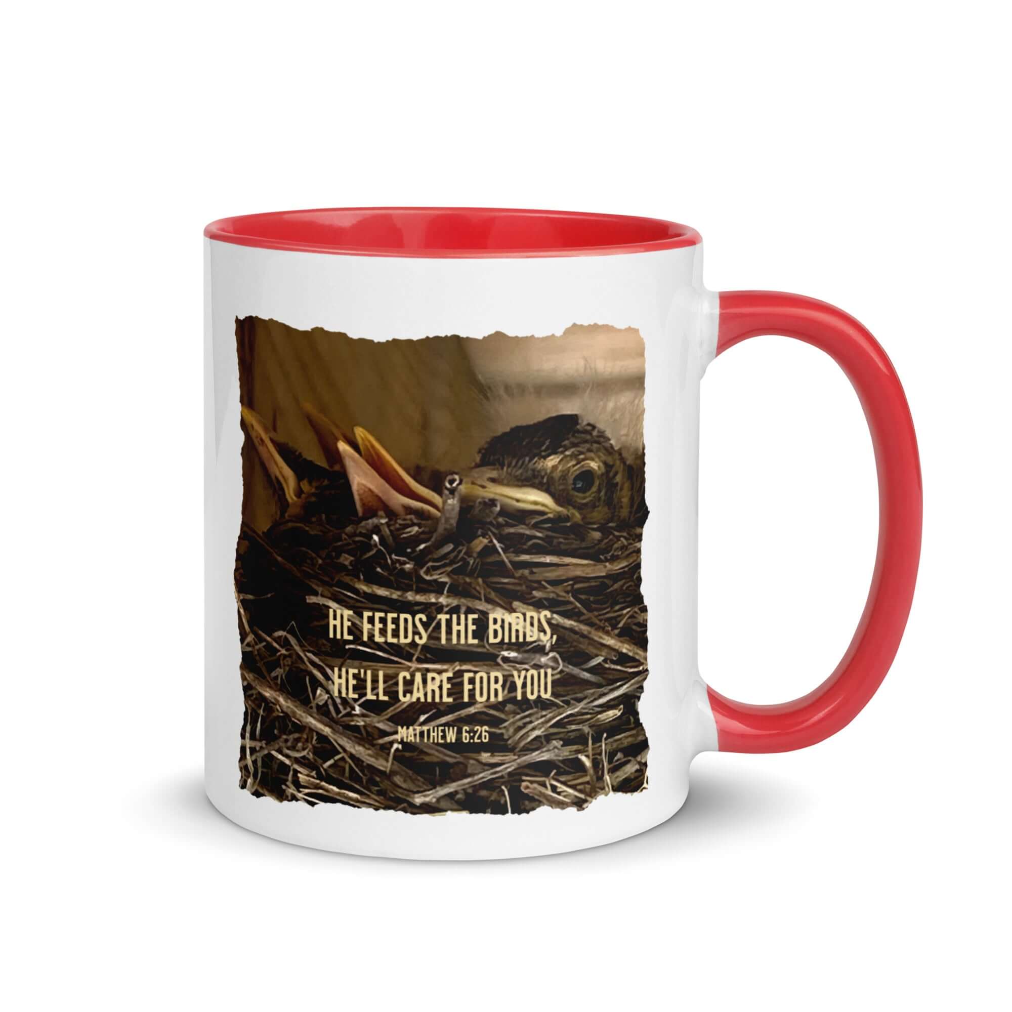 Matthew 6:26 Baby Robins, He'll Care for You White Ceramic Mug with Color Inside Red 11 oz