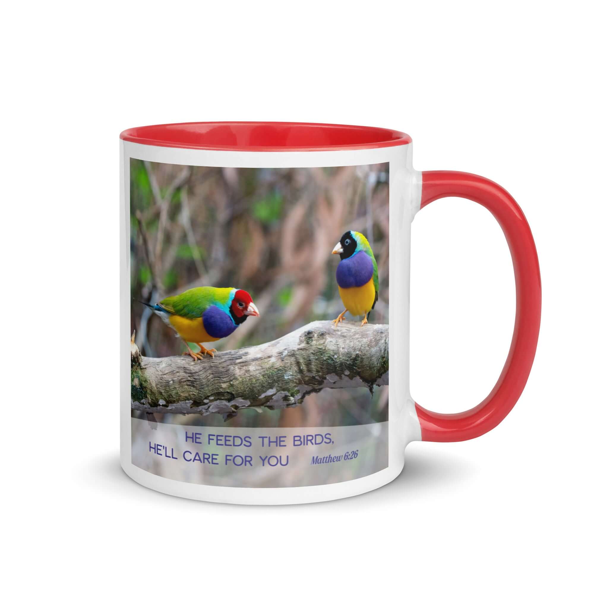 Matthew 6:26 Gouldian Finches, He'll Care for You White Ceramic Mug with Color Inside Red 11 oz