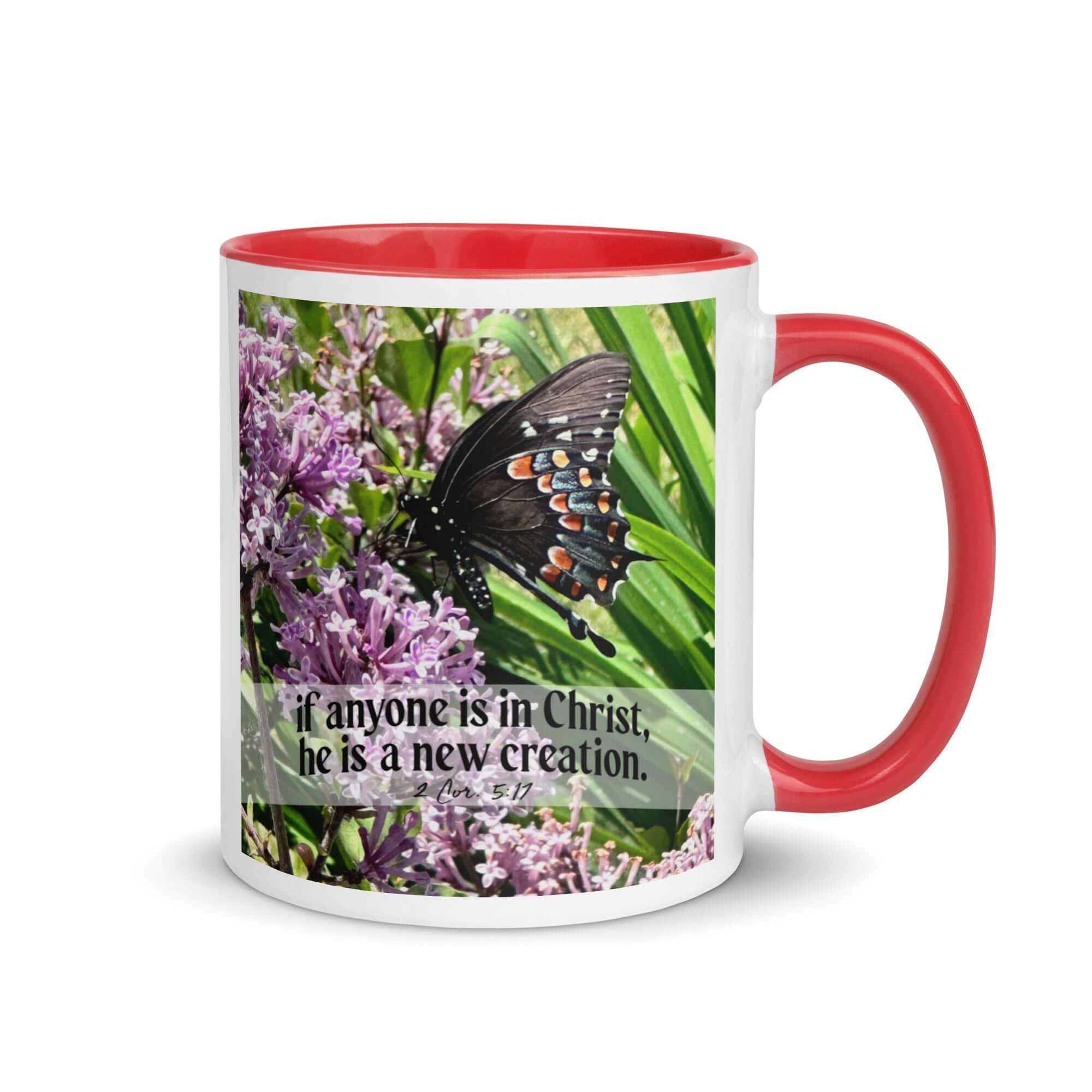 2 Corinthians 5:17 Bible Verse, Butterfly White Ceramic Mug with Color Inside Red 11 oz