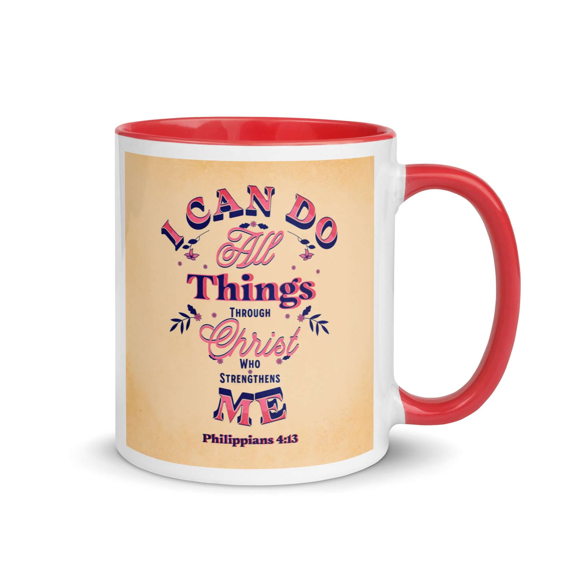 Philippians 4:13 Bible Verse, Christ Strengthens Me White Ceramic Mug with Color Inside Red 11 oz