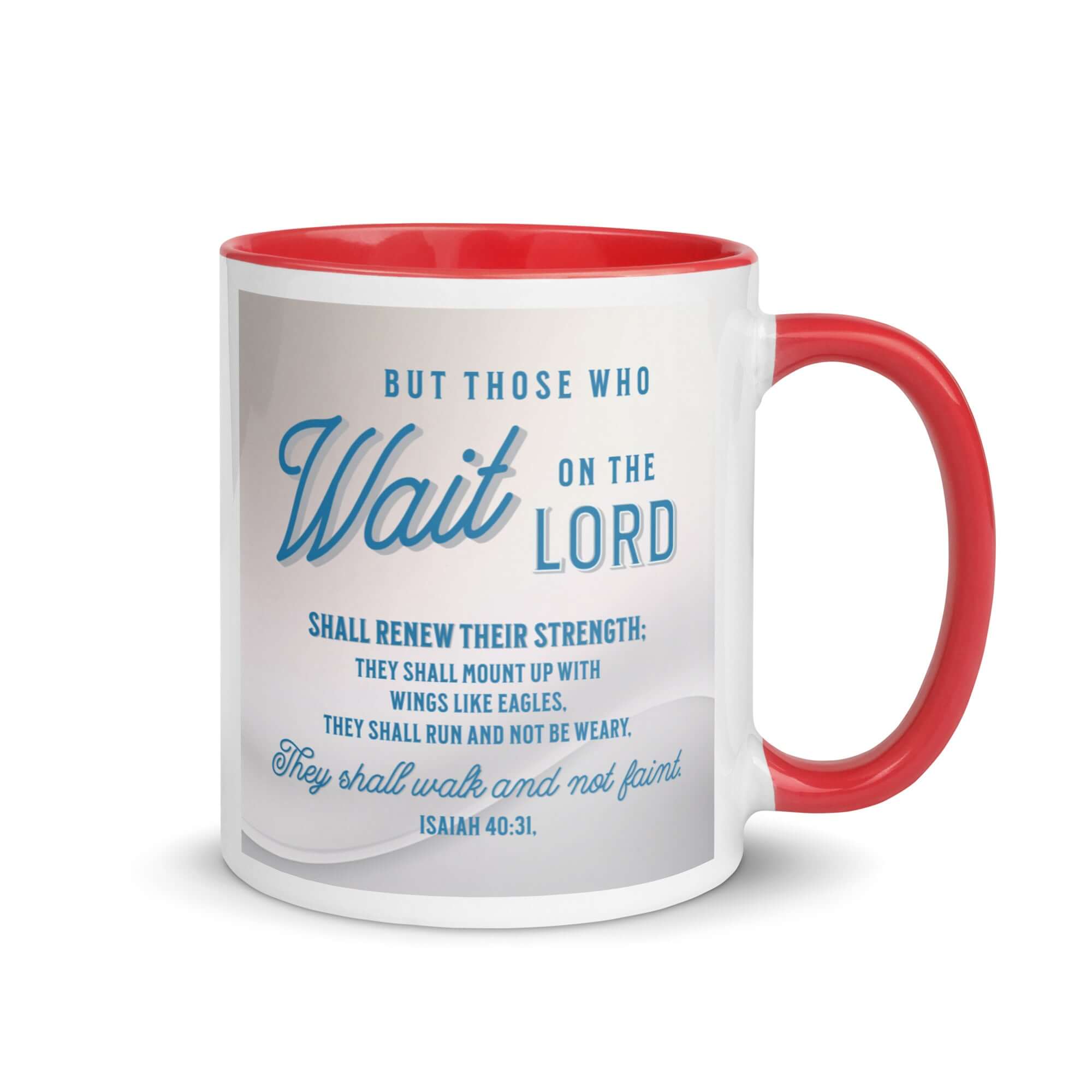 Isaiah 40:31 Bible Verse, Wings like Eagles White Ceramic Mug with Color Inside Red 11 oz