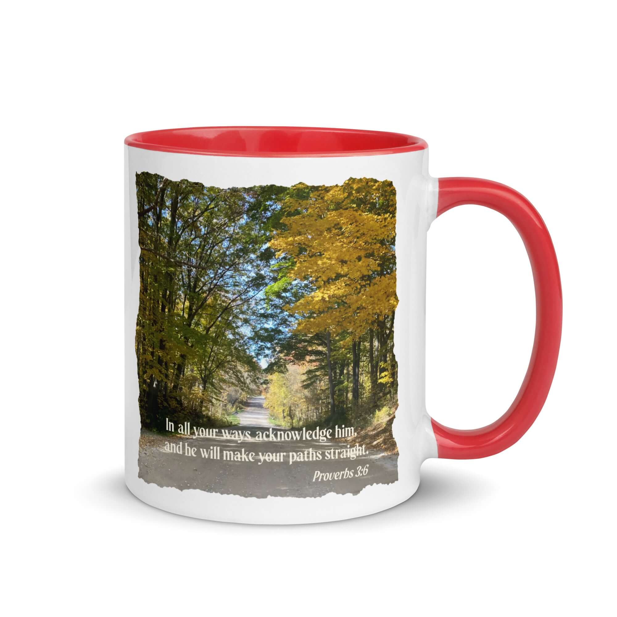 Proverbs 3:6 Bible Verse, Fall Road White Ceramic Mug with Color Inside Red 11 oz