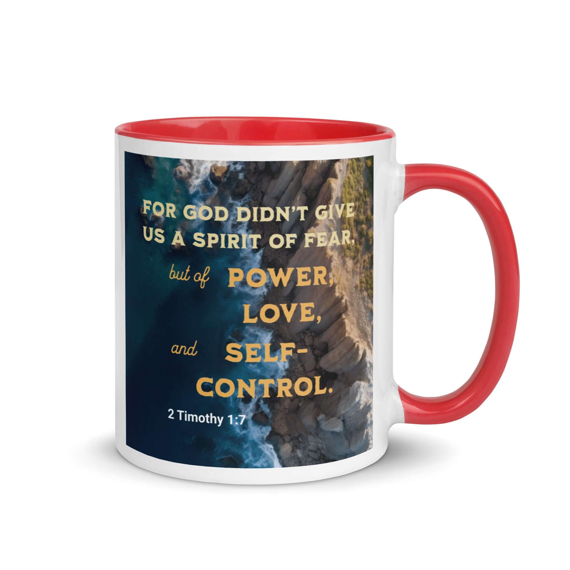 2 Timothy 1:7 Bible Verse, Power, Love, Self-Control White Ceramic Mug with Color Inside Red 11 oz