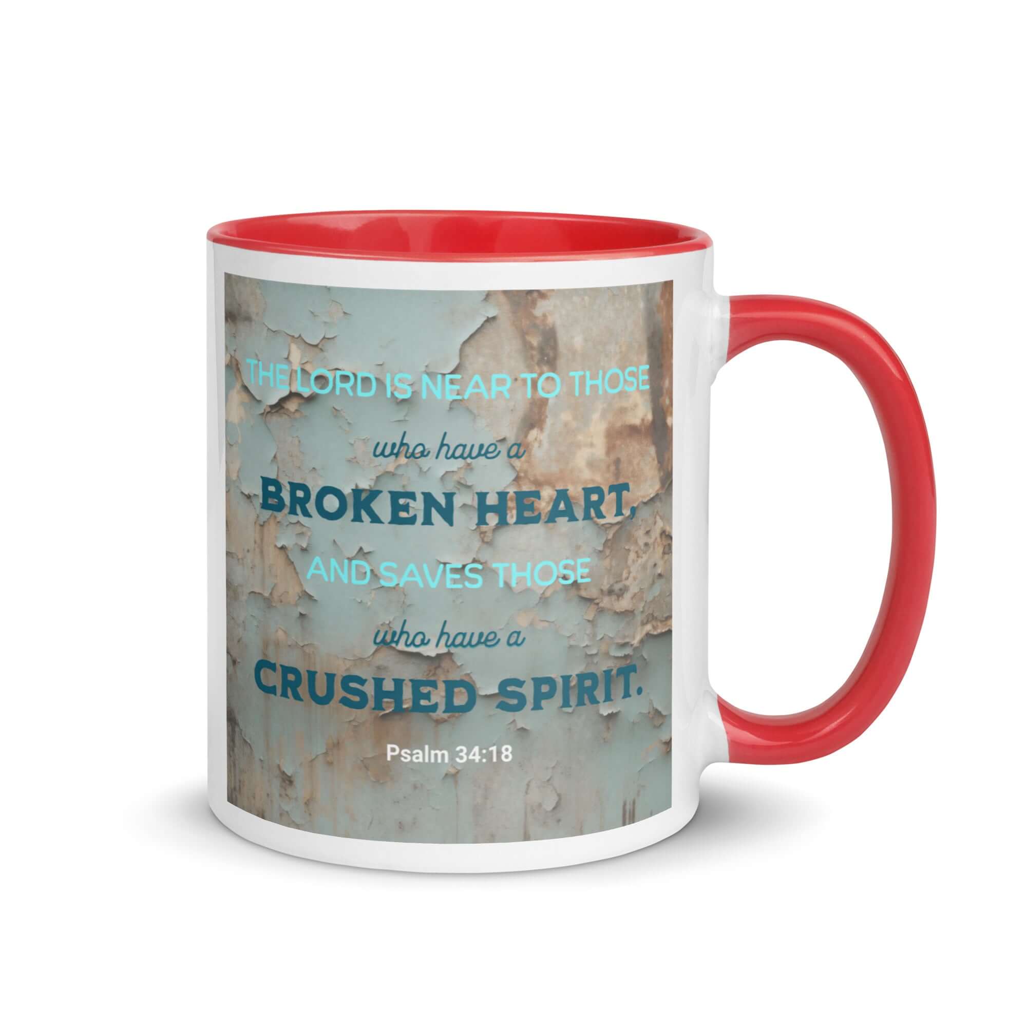 Psalm 34:18 Bible Verse, The LORD is Near White Ceramic Mug with Color Inside Red 11 oz