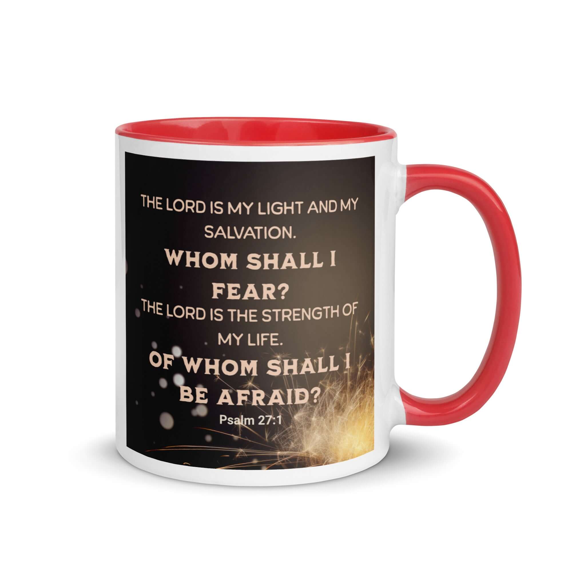 Psalm 27:1 Bible Verse, The LORD is My Light White Ceramic Mug with Color Inside Red 11 oz