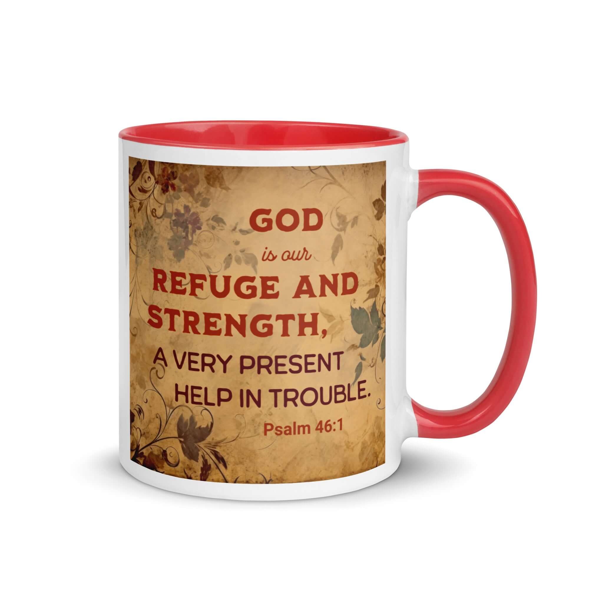 Psalm 46:1 Bible Verse, God is Our Refuge White Ceramic Mug with Color Inside Red 11 oz