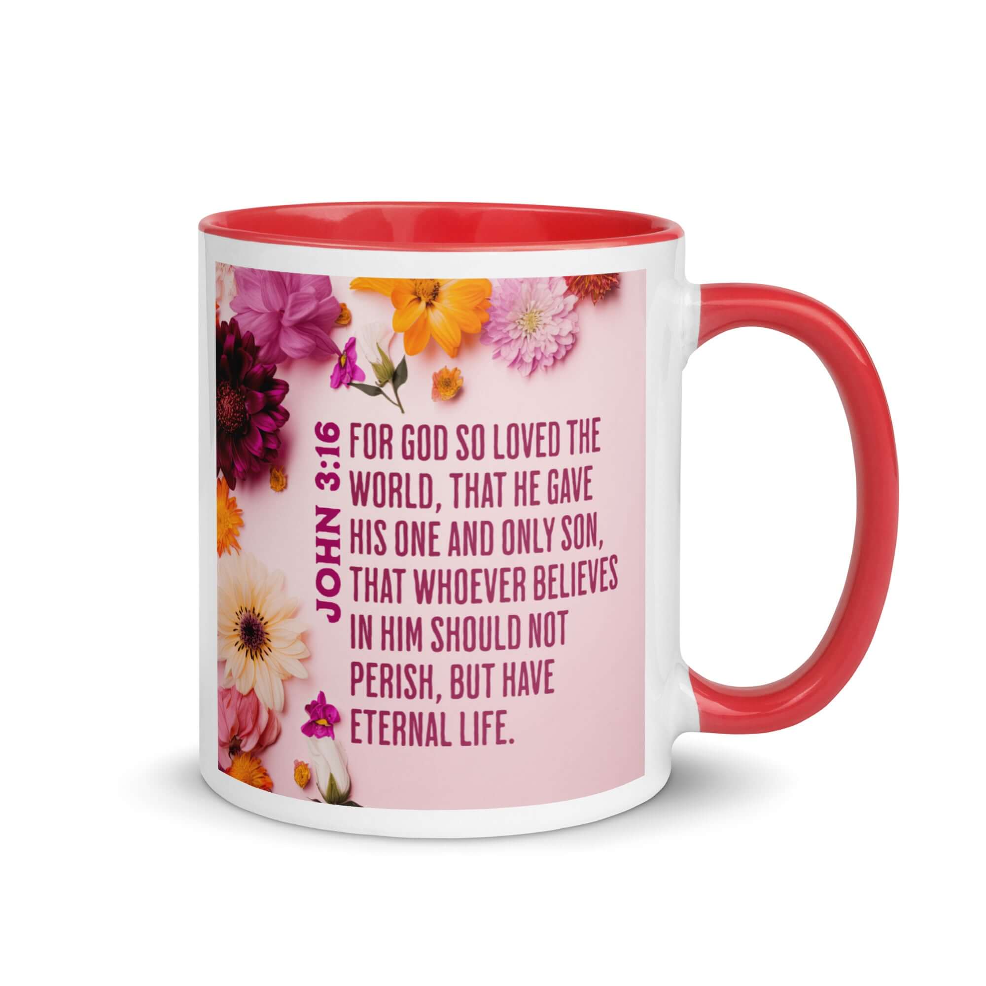 John 3:16 Bible Verse, For God So Loved White Ceramic Mug with Color Inside Red 11 oz