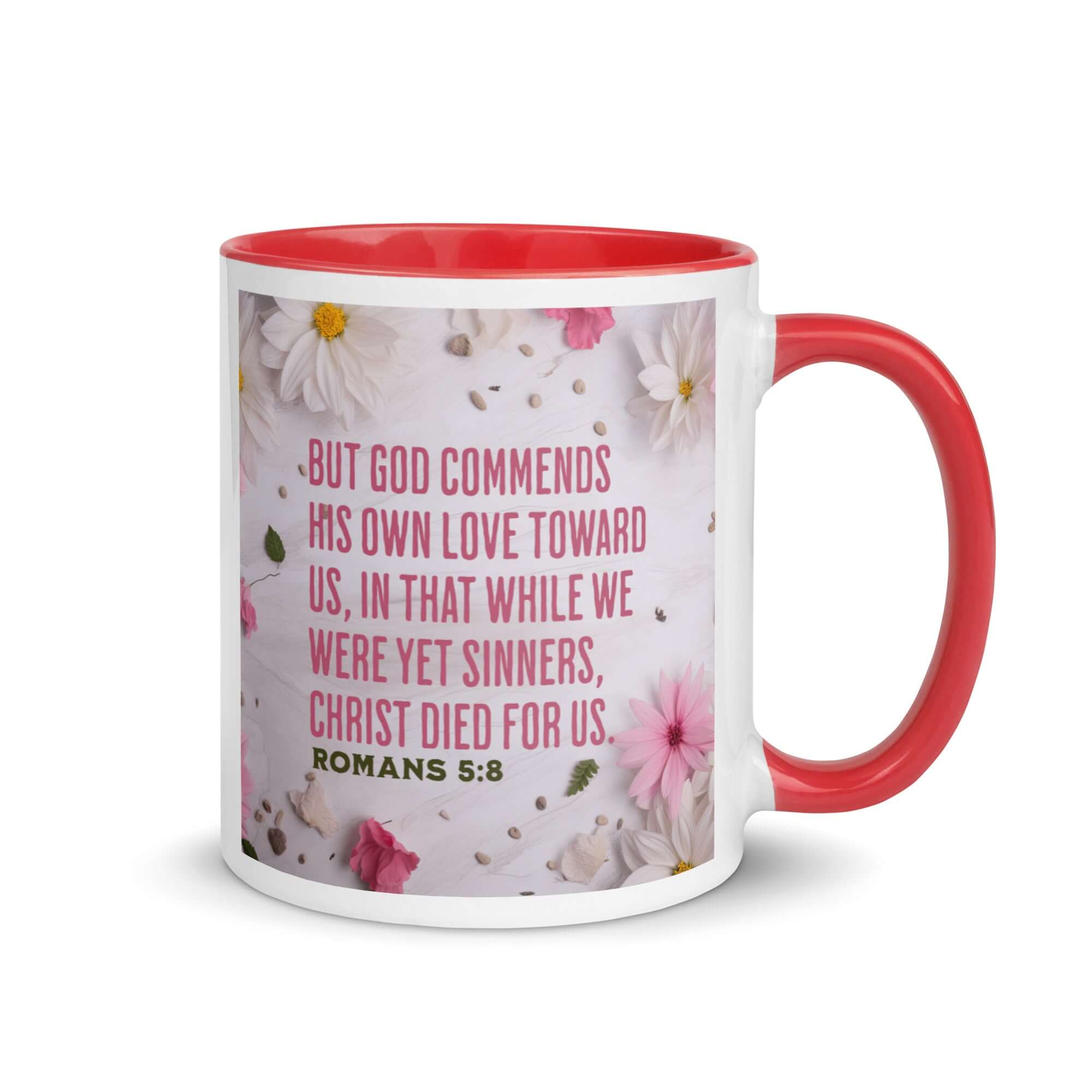 Romans 5:8 Bible Verse, Christ Died for Us White Ceramic Mug with Color Inside Red 11 oz