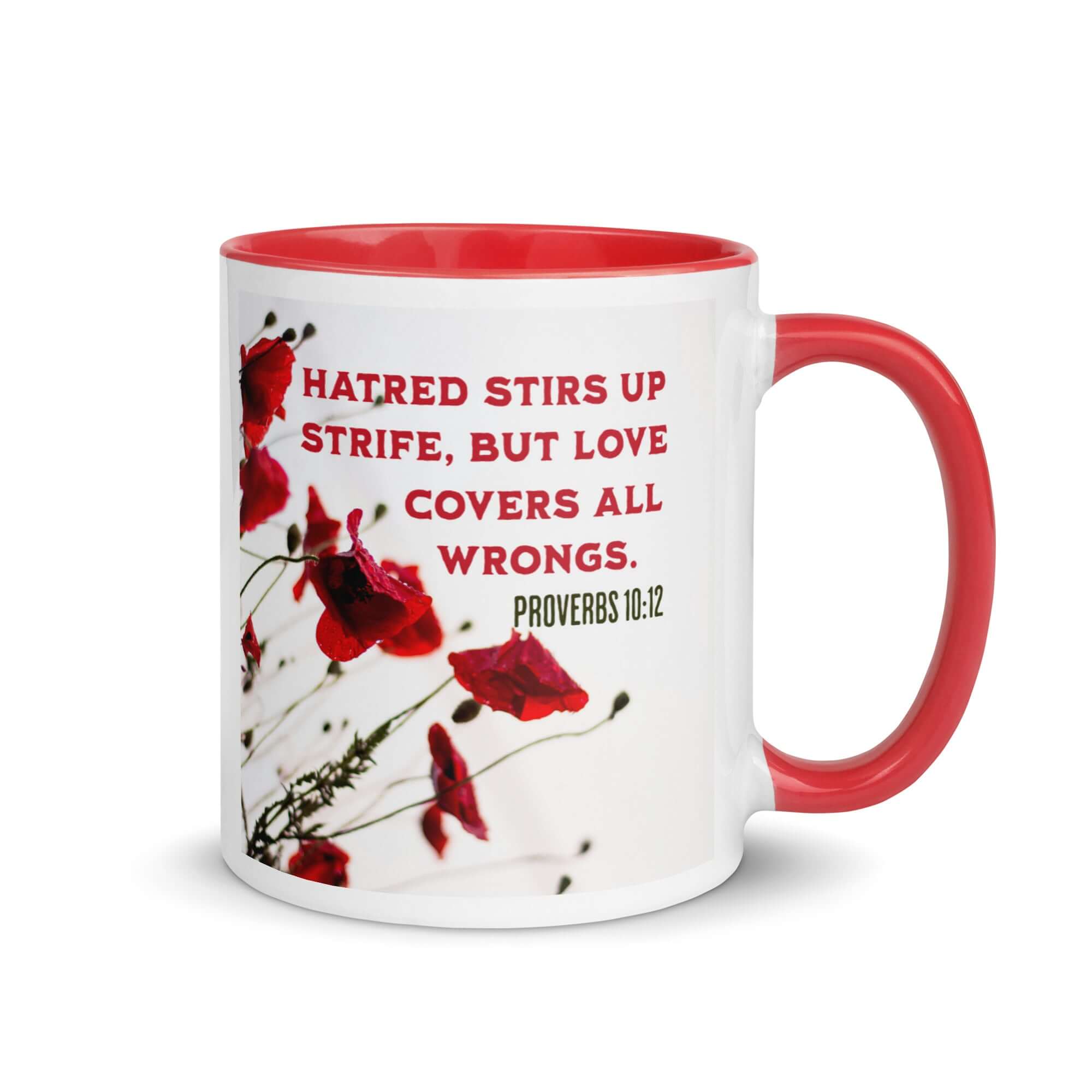 Proverbs 10:12 Bible Verse, Love Covers All White Ceramic Mug with Color Inside Red 11 oz
