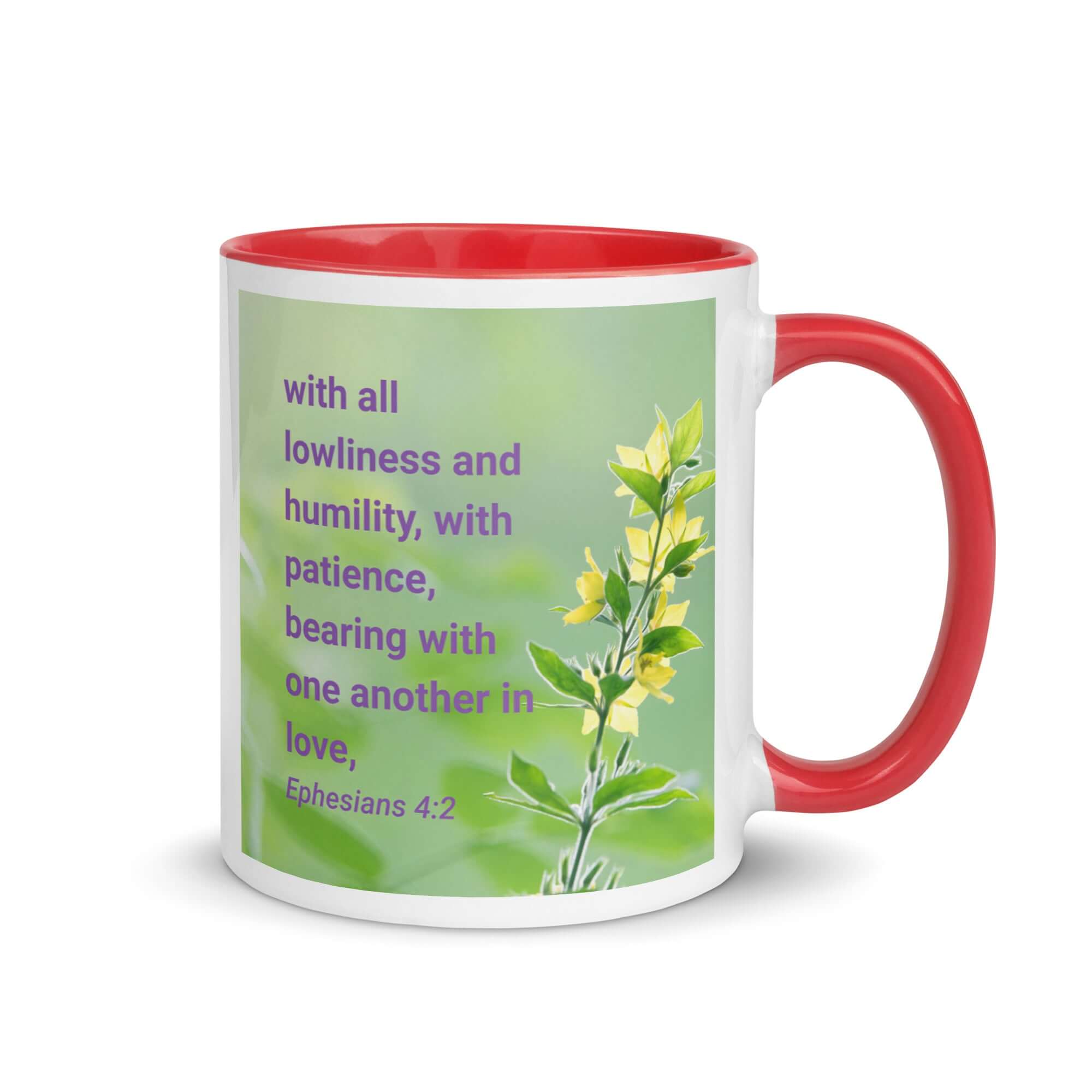 Ephesians 4:2 Bible Verse, one another in love White Ceramic Mug with Color Inside Red 11 oz