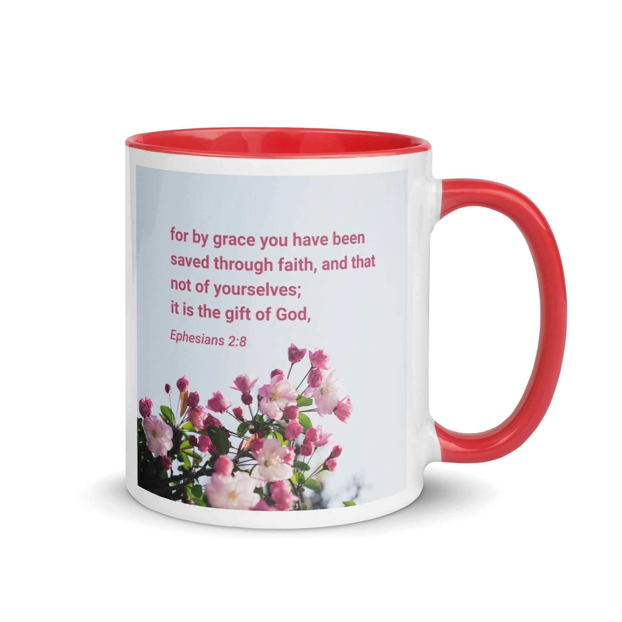 Ephesians 2:8 Bible Verse, saved through faith White Ceramic Mug with Color Inside Red 11 oz