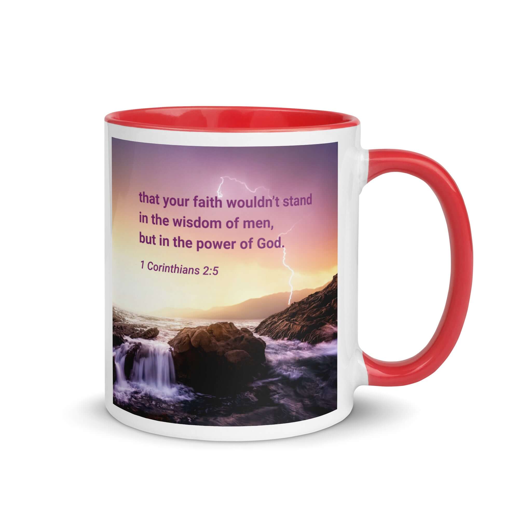 1 Corinthians 2:5 Bible Verse, power of God White Ceramic Mug with Color Inside Red 11 oz