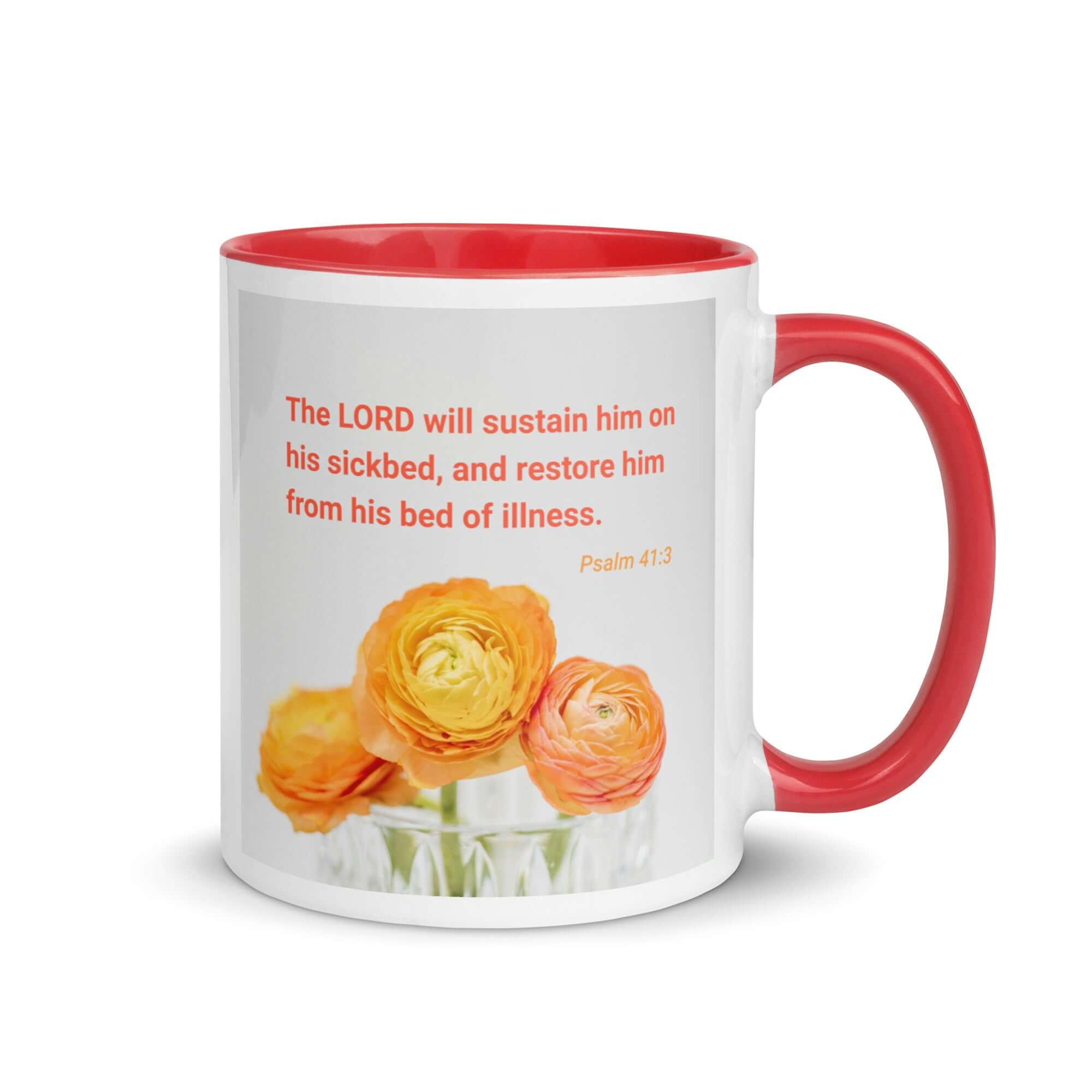 Psalm 41:3 Bible Verse, LORD will sustain White Ceramic Mug with Color Inside Red 11 oz