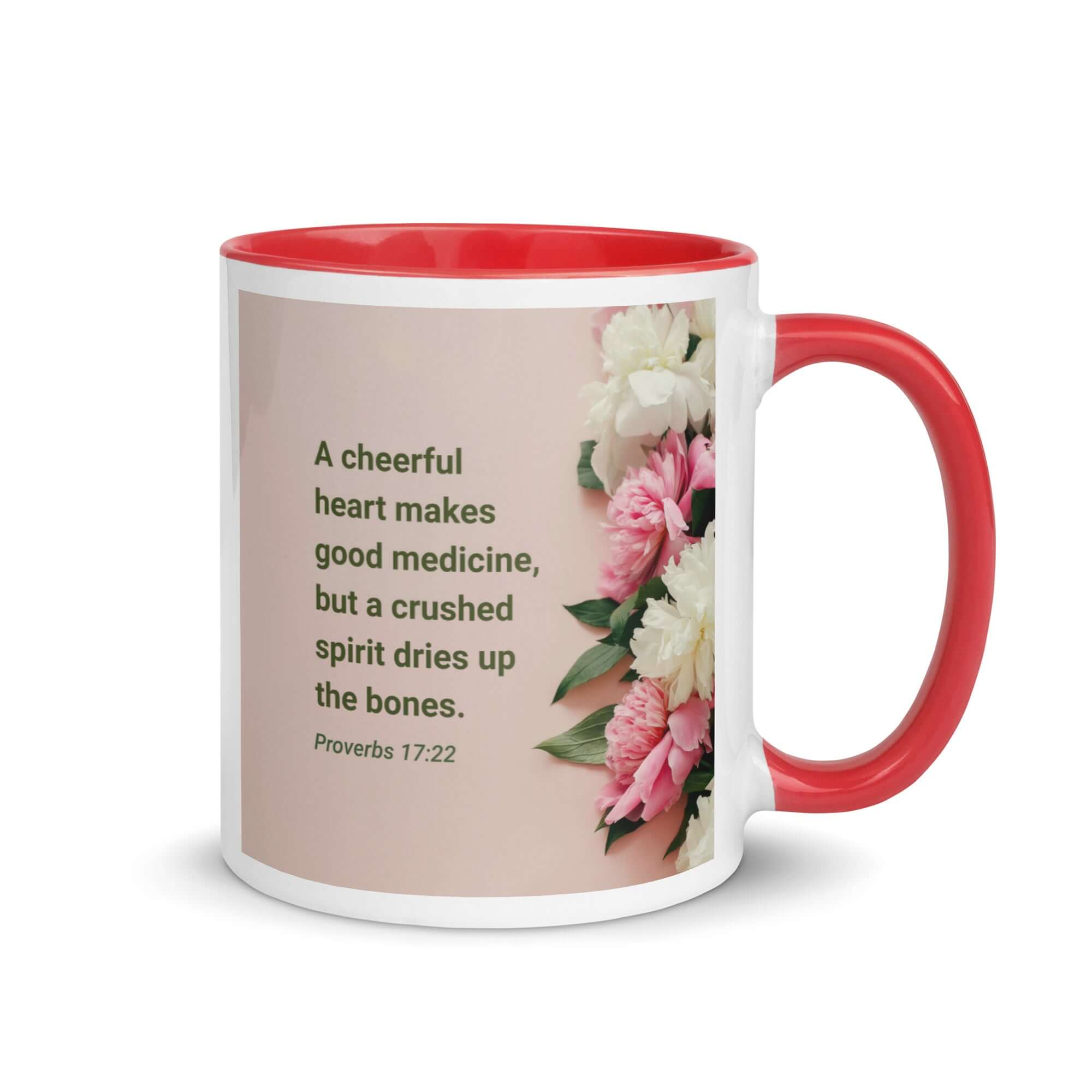 Proverbs 17:22 Bible Verse, good medicine White Ceramic Mug with Color Inside Red 11 oz