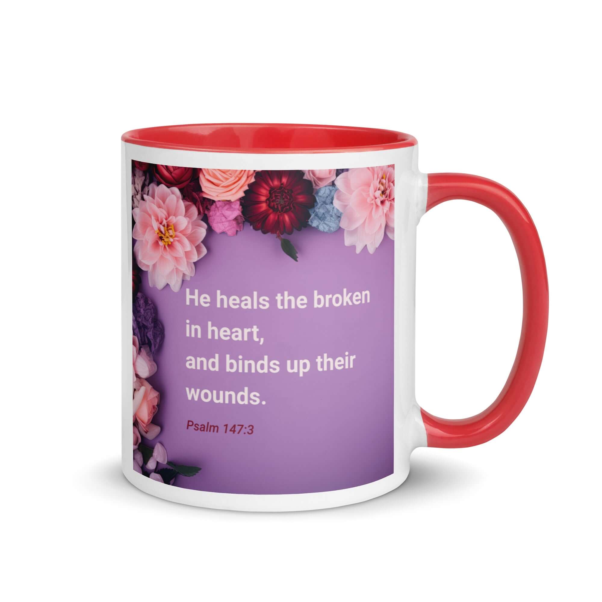 Psalm 147:3 Bible Verse, He heals the broken White Ceramic Mug with Color Inside Red 11 oz