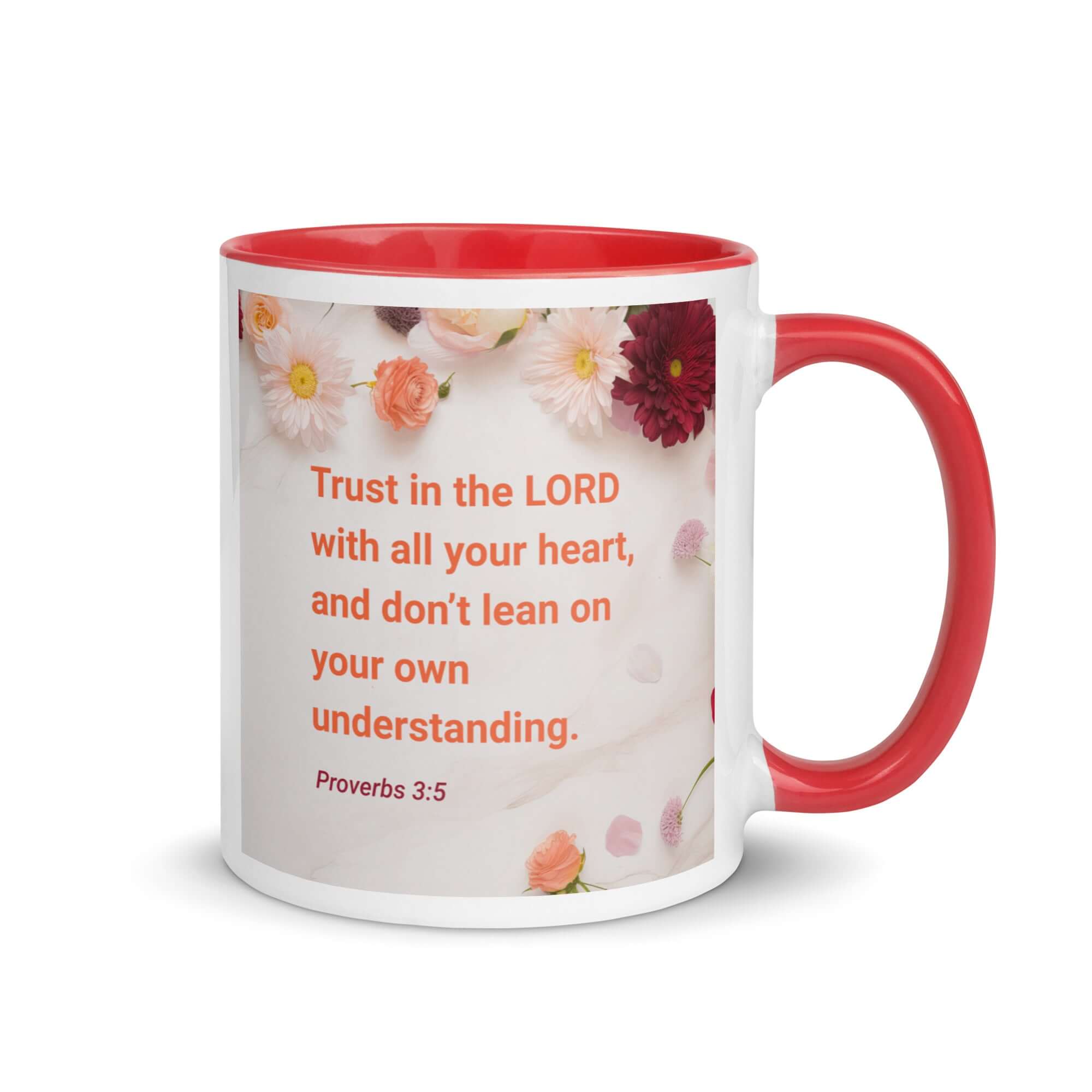 Proverbs 3:5 Bible Verse, Trust in the LORD White Ceramic Mug with Color Inside Red 11 oz