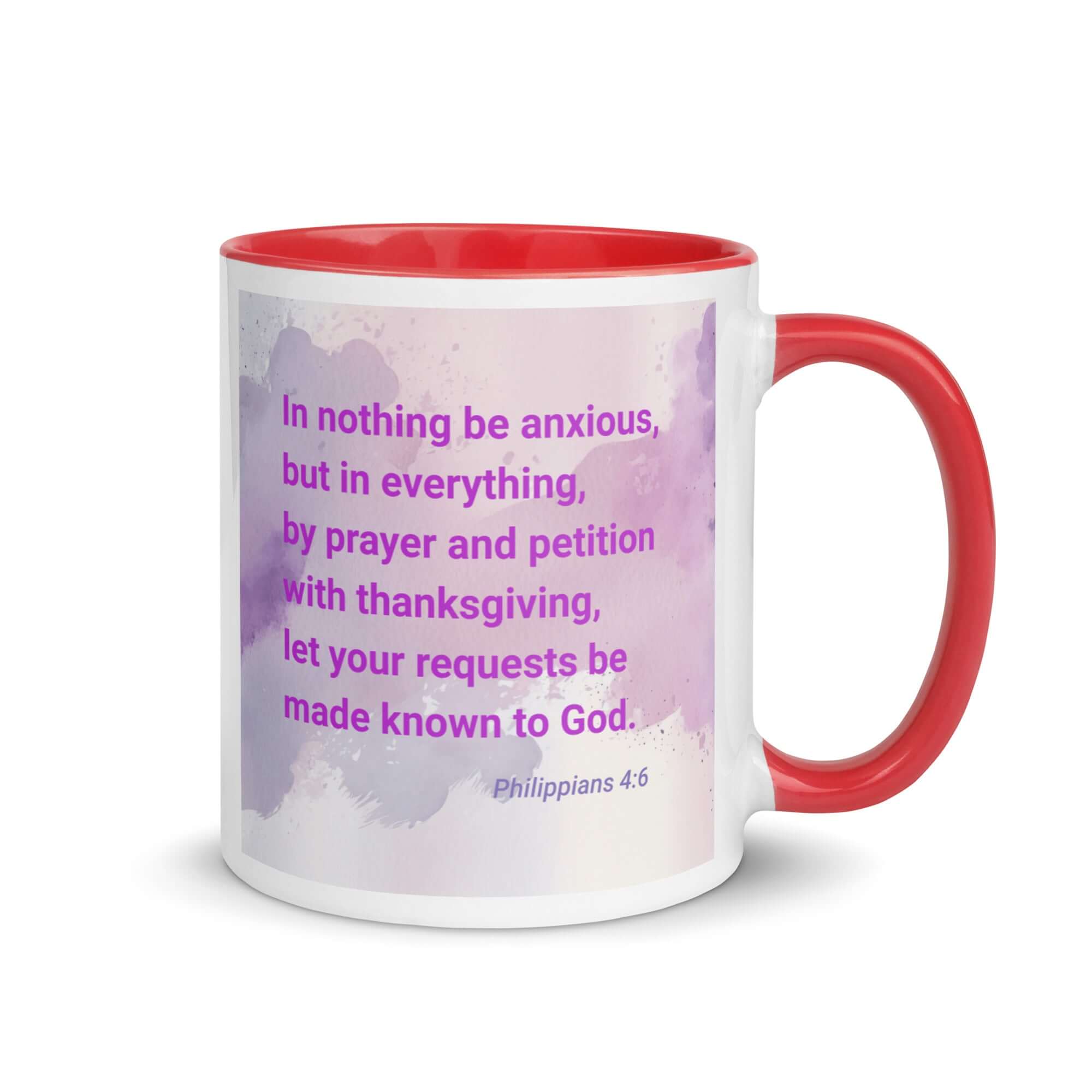 Philippians 4:6 Bible Verse, Prayer and Petition White Ceramic Mug with Color Inside Red 11 oz