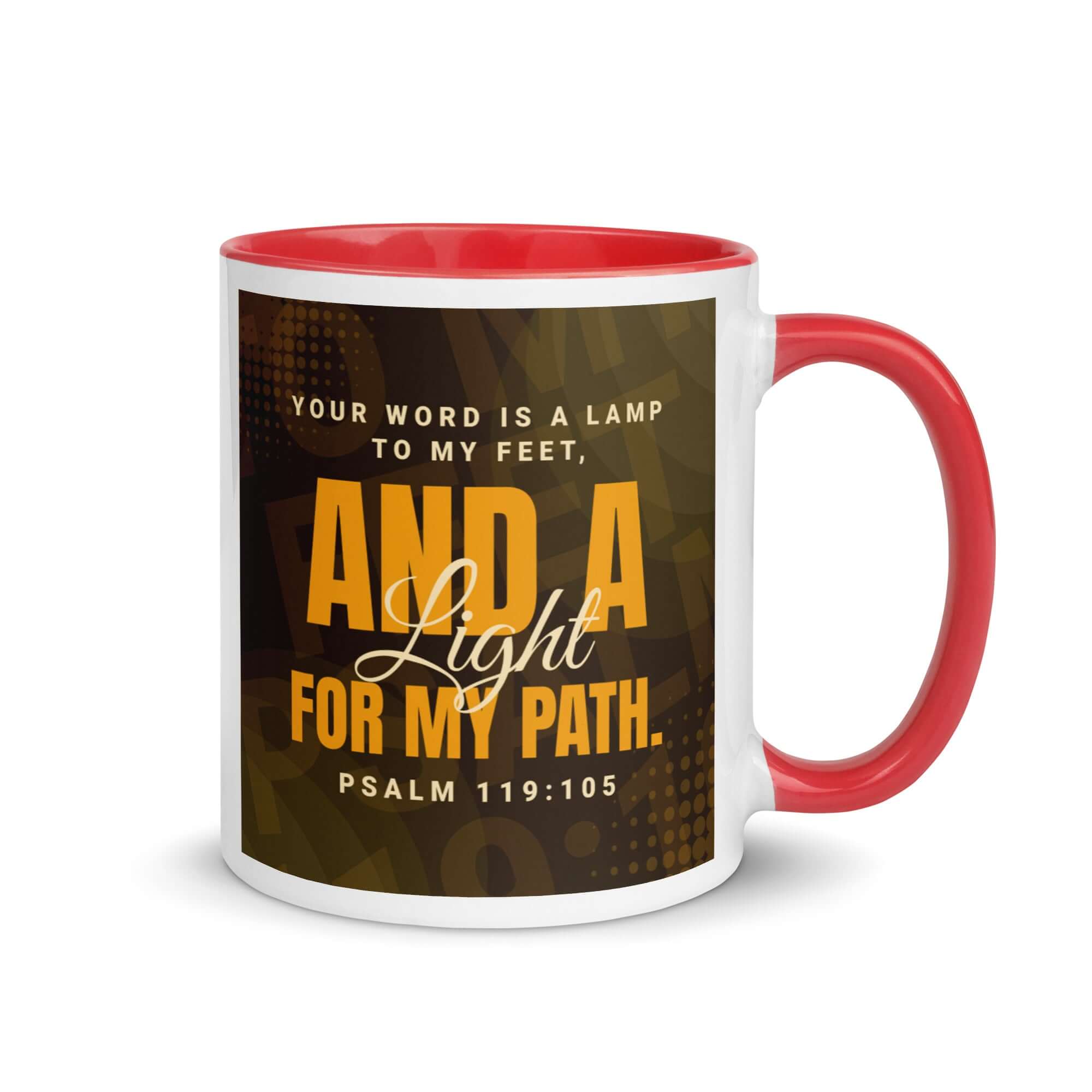 Psalm 119:105 Bible Verse, lamp to my feet White Ceramic Mug with Color Inside Red 11 oz