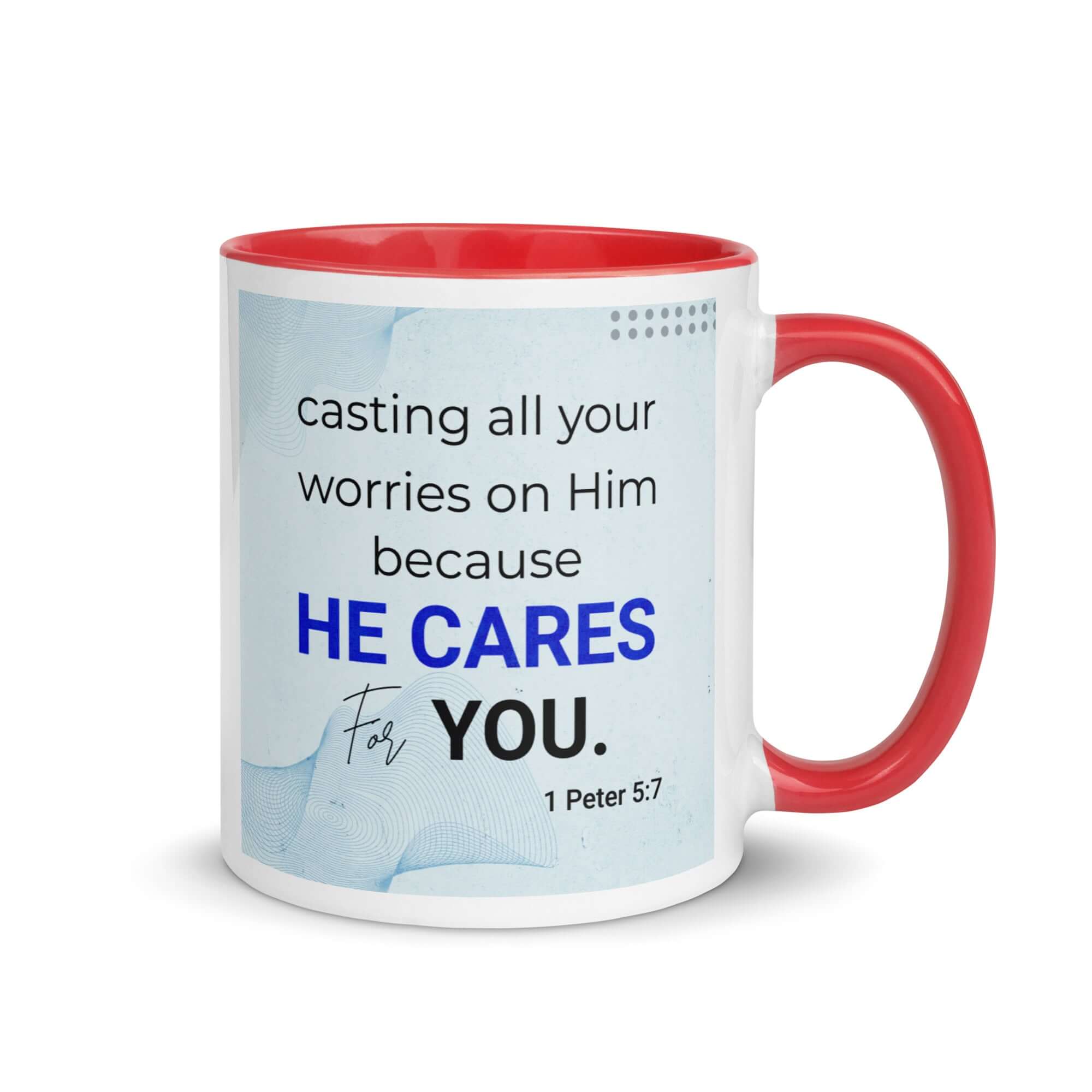 1 Peter 5:7 Bible Verse, casting all your worries on Him White Ceramic Mug with Color Inside Red 11 oz