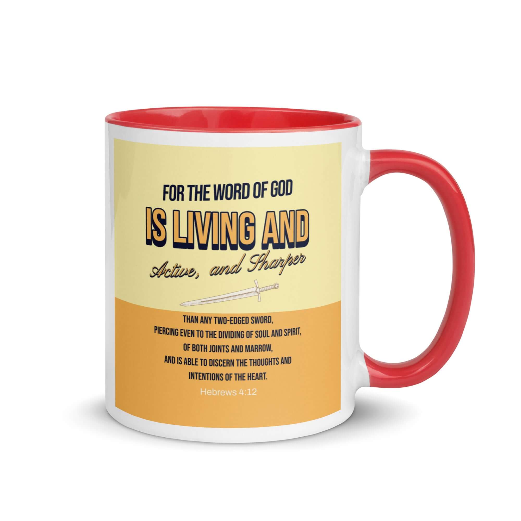 Hebrews 4:12 Bible Verse, living and active White Ceramic Mug with Color Inside Red 11 oz