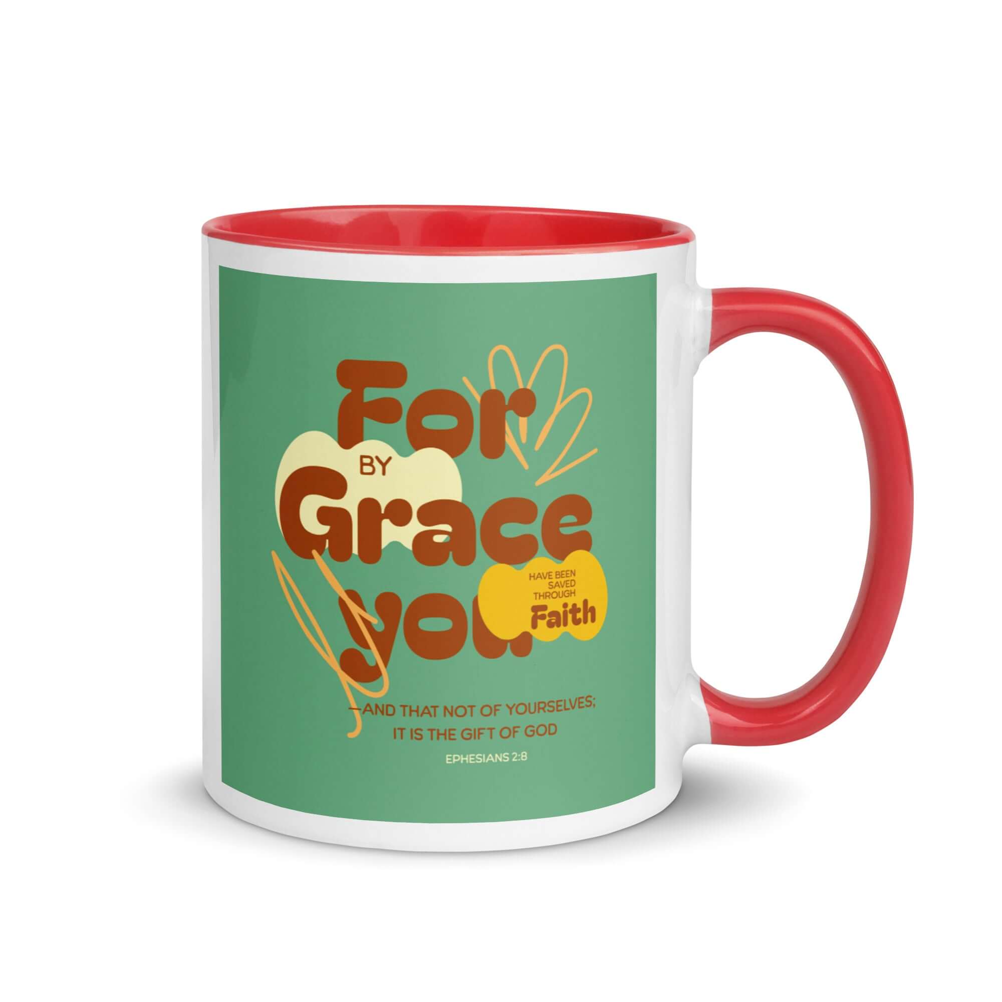 Ephesians 2:8 Bible Verse, for by grace White Ceramic Mug with Color Inside Red 11 oz