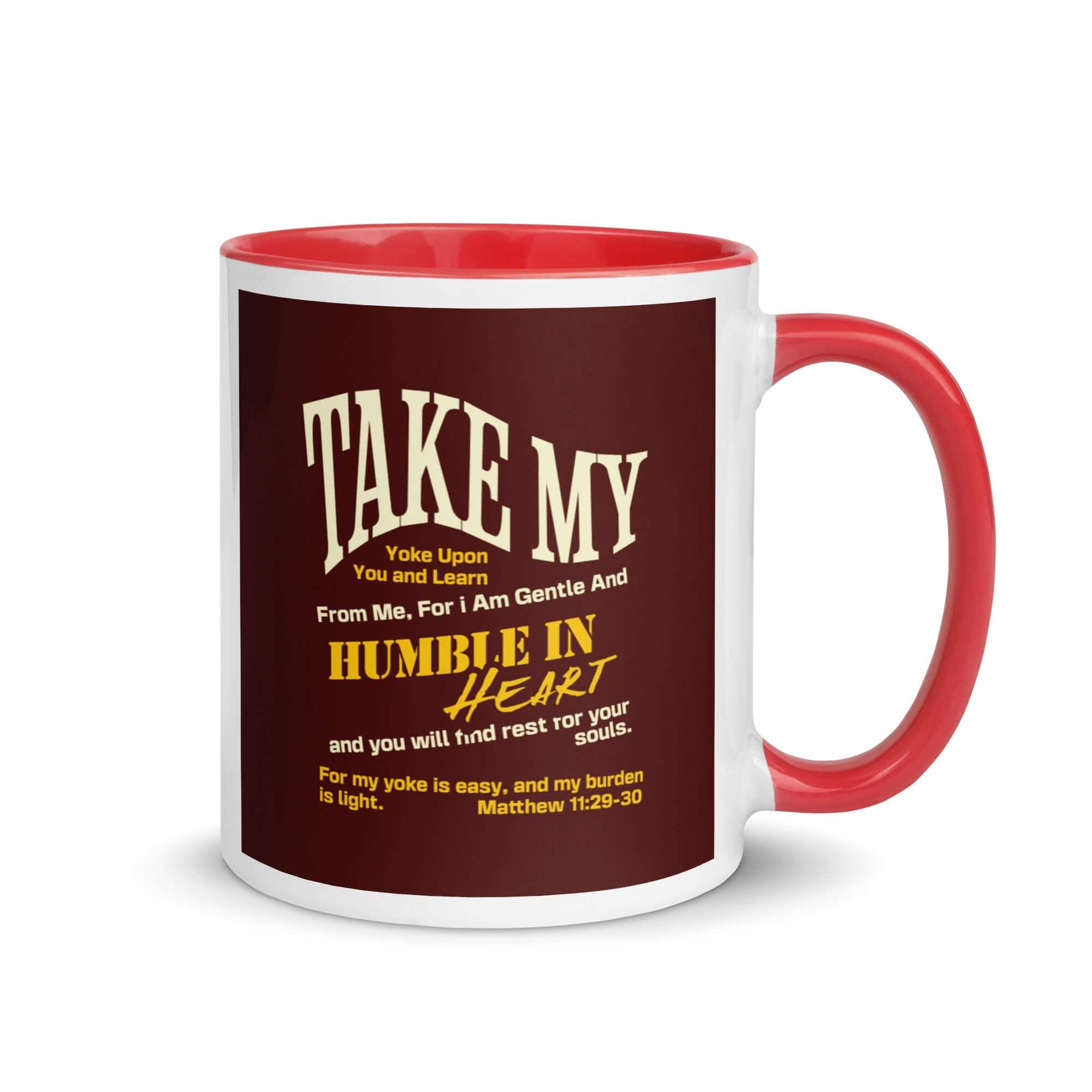 Matthew 11:29-30 Bible Verse, learn from me White Ceramic Mug with Color Inside Red 11 oz