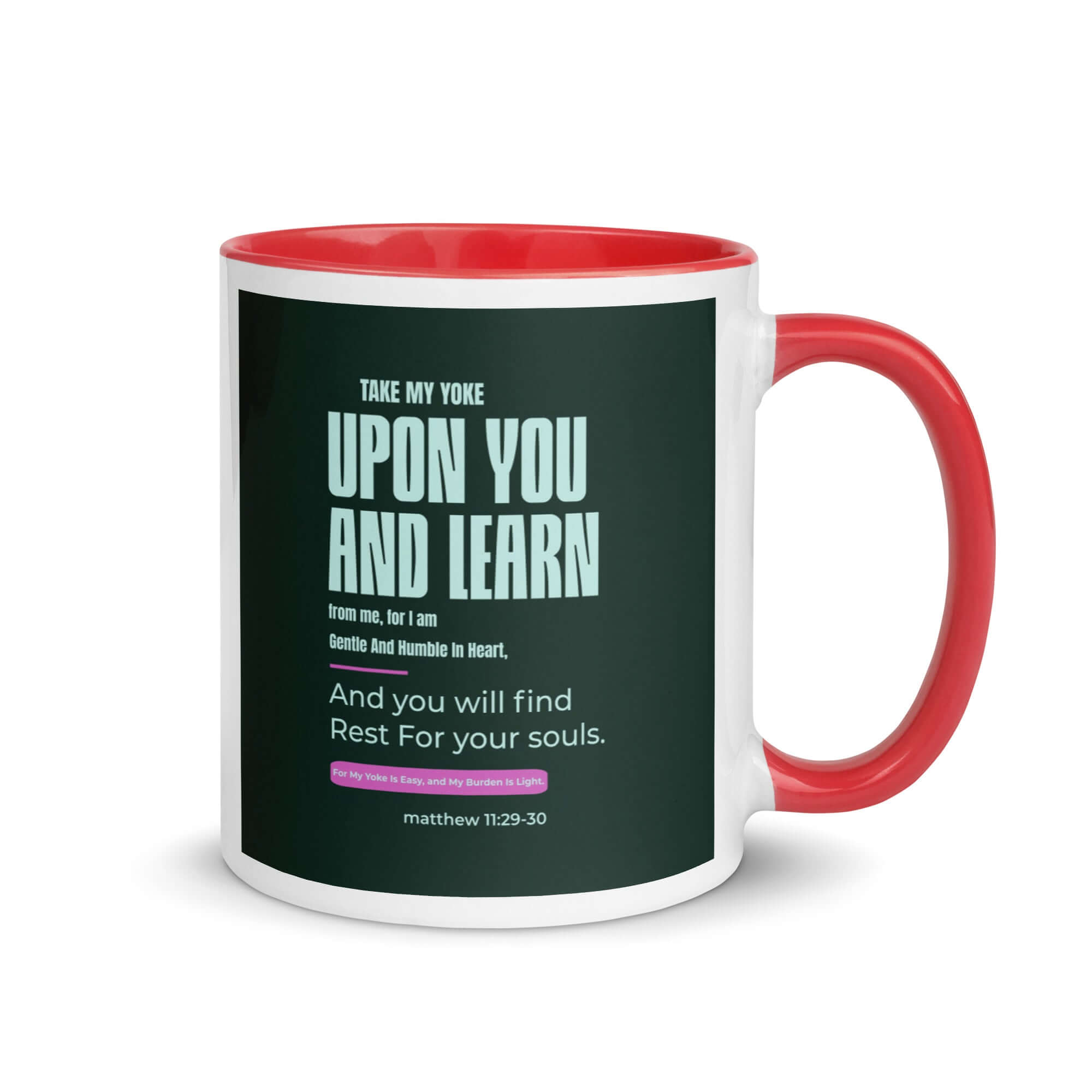 Matthew 11:29-30 Bible Verse, I am gentle White Ceramic Mug with Color Inside Red 11 oz
