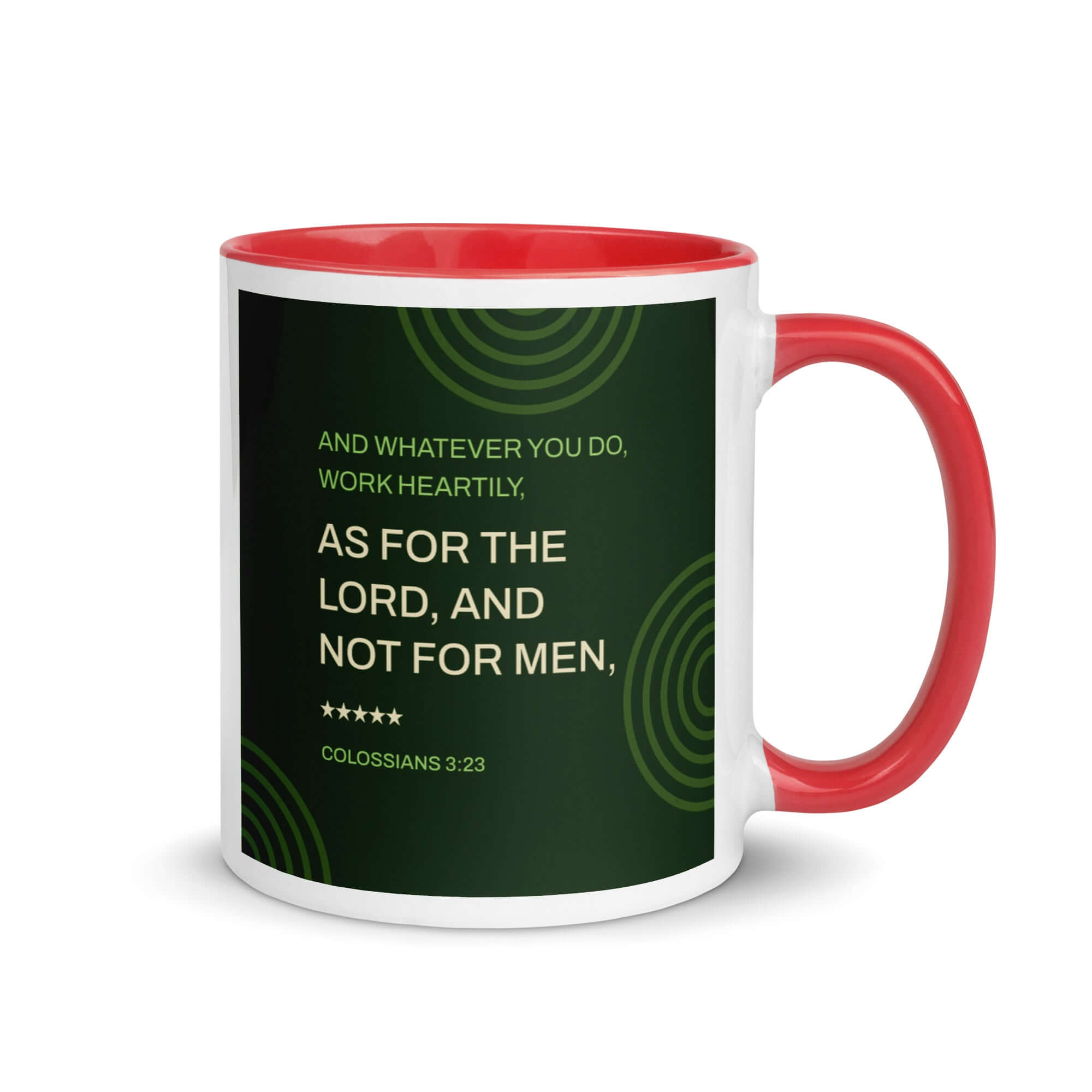 Colossians 3:23 Bible Verse, not for men White Ceramic Mug with Color Inside Red 11 oz