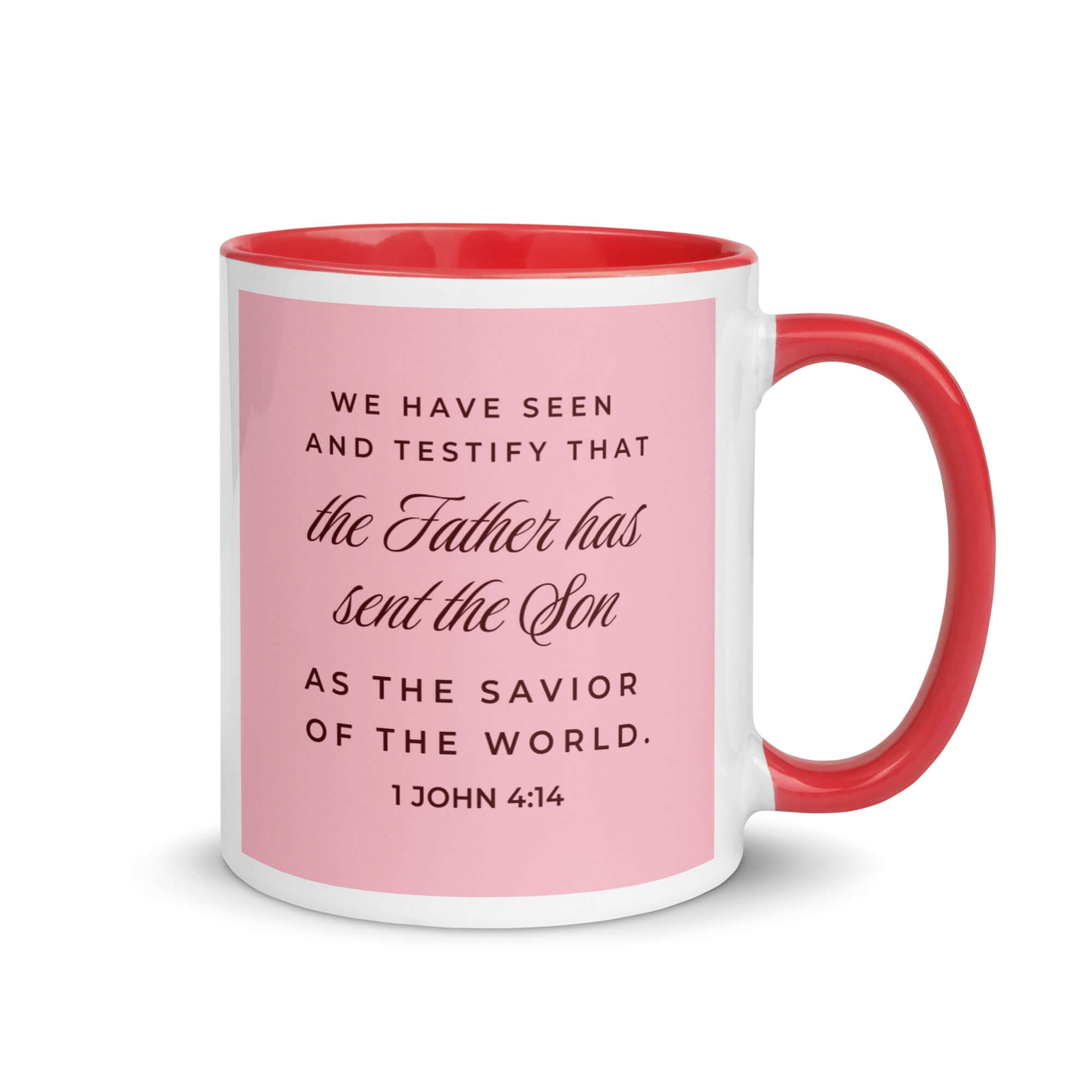 1 John 4:14 Bible Verse, We have seen White Ceramic Mug with Color Inside Red 11 oz