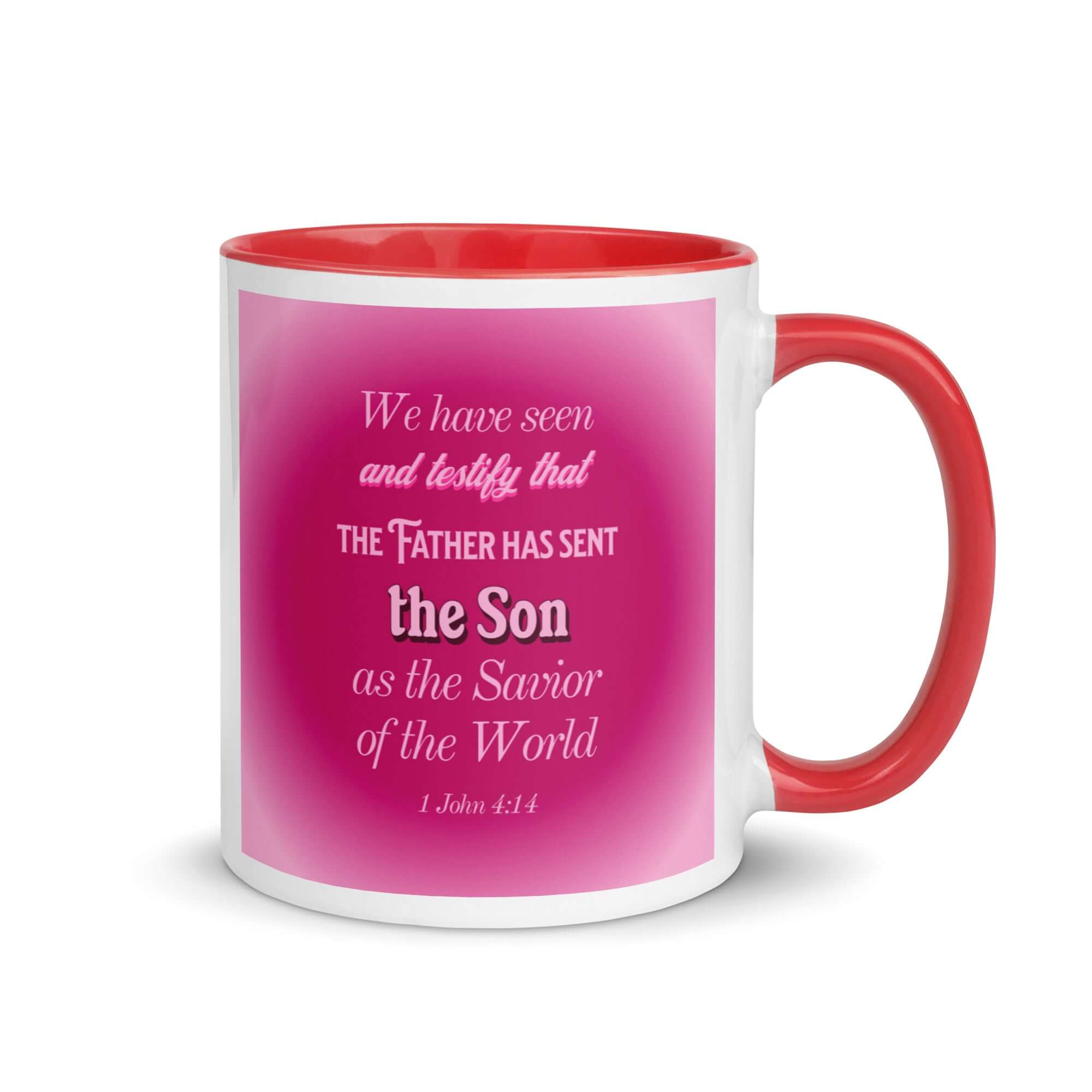 1 John 4:14 Bible Verse, that the Father White Ceramic Mug with Color Inside Red 11 oz