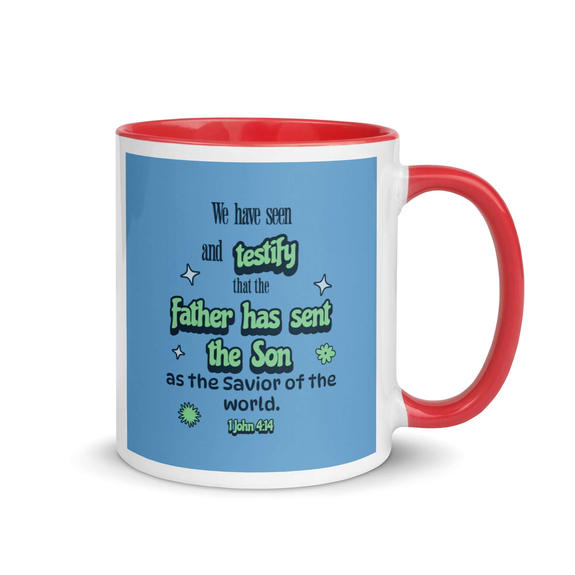 1 John 4:14 Bible Verse, sent the Son White Ceramic Mug with Color Inside Red 11 oz