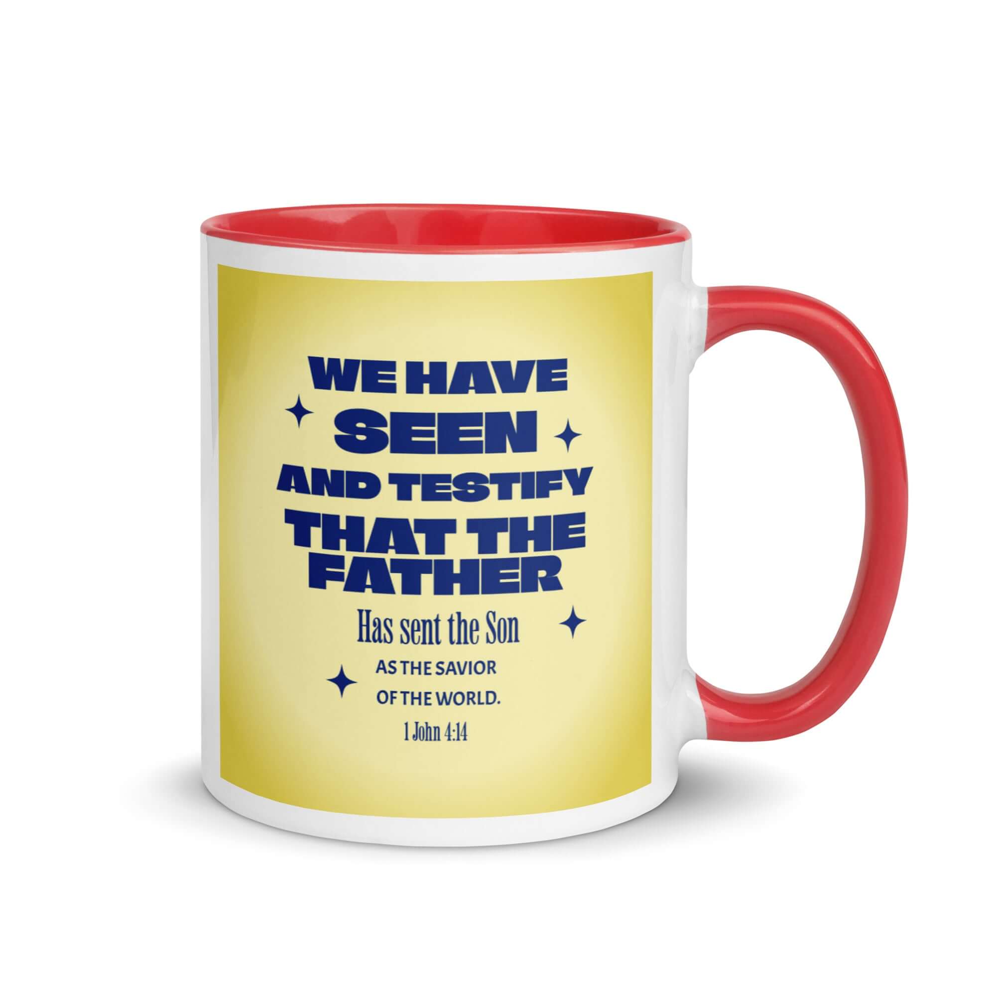 1 John 4:14 Bible Verse, Savior of the world White Ceramic Mug with Color Inside Red 11 oz
