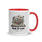 1 John 4:8 Bible Verse, God is Love White Ceramic Mug with Color Inside Red 11 oz