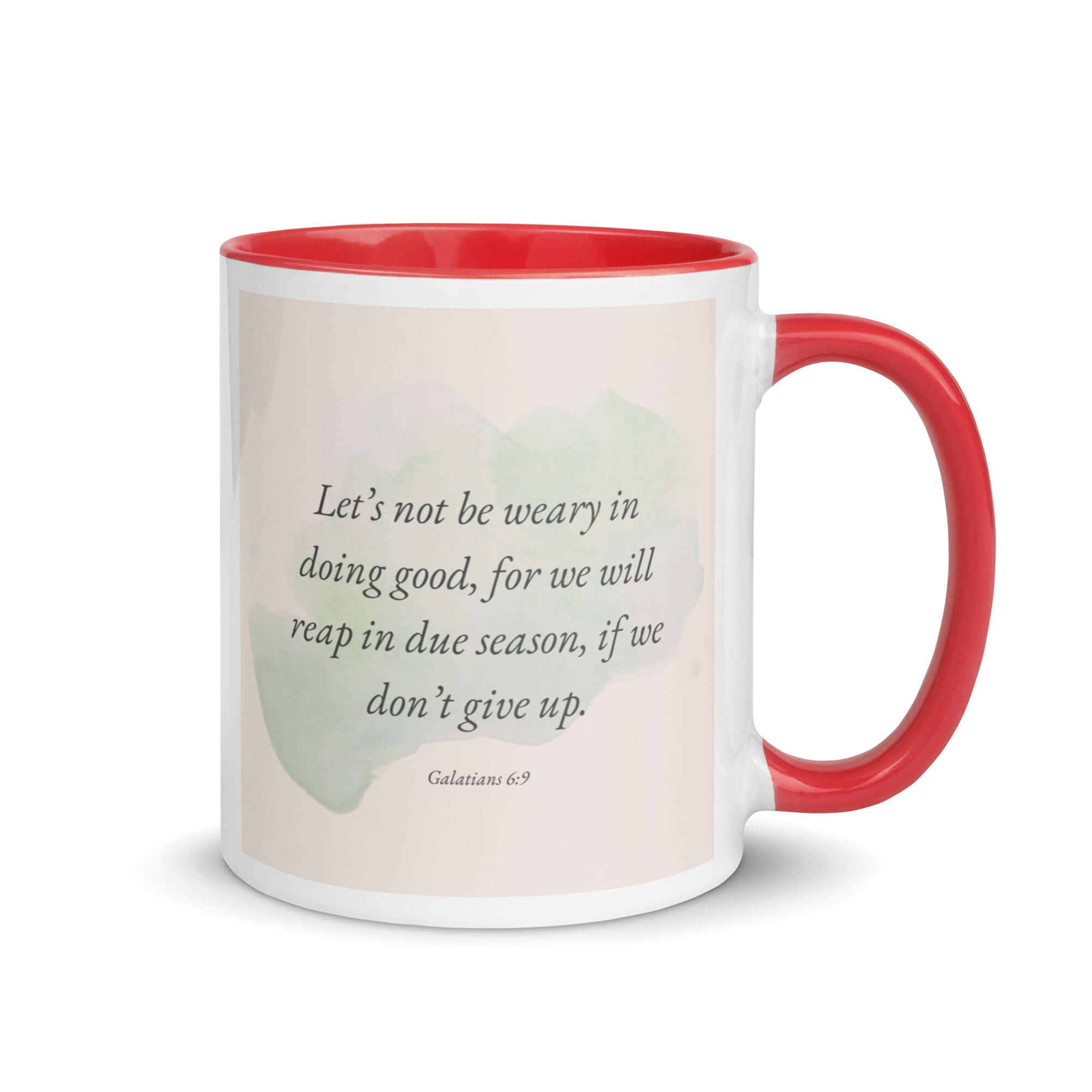 Galatians 6:9 Bible Verse, not be weary White Ceramic Mug with Color Inside Red 11 oz