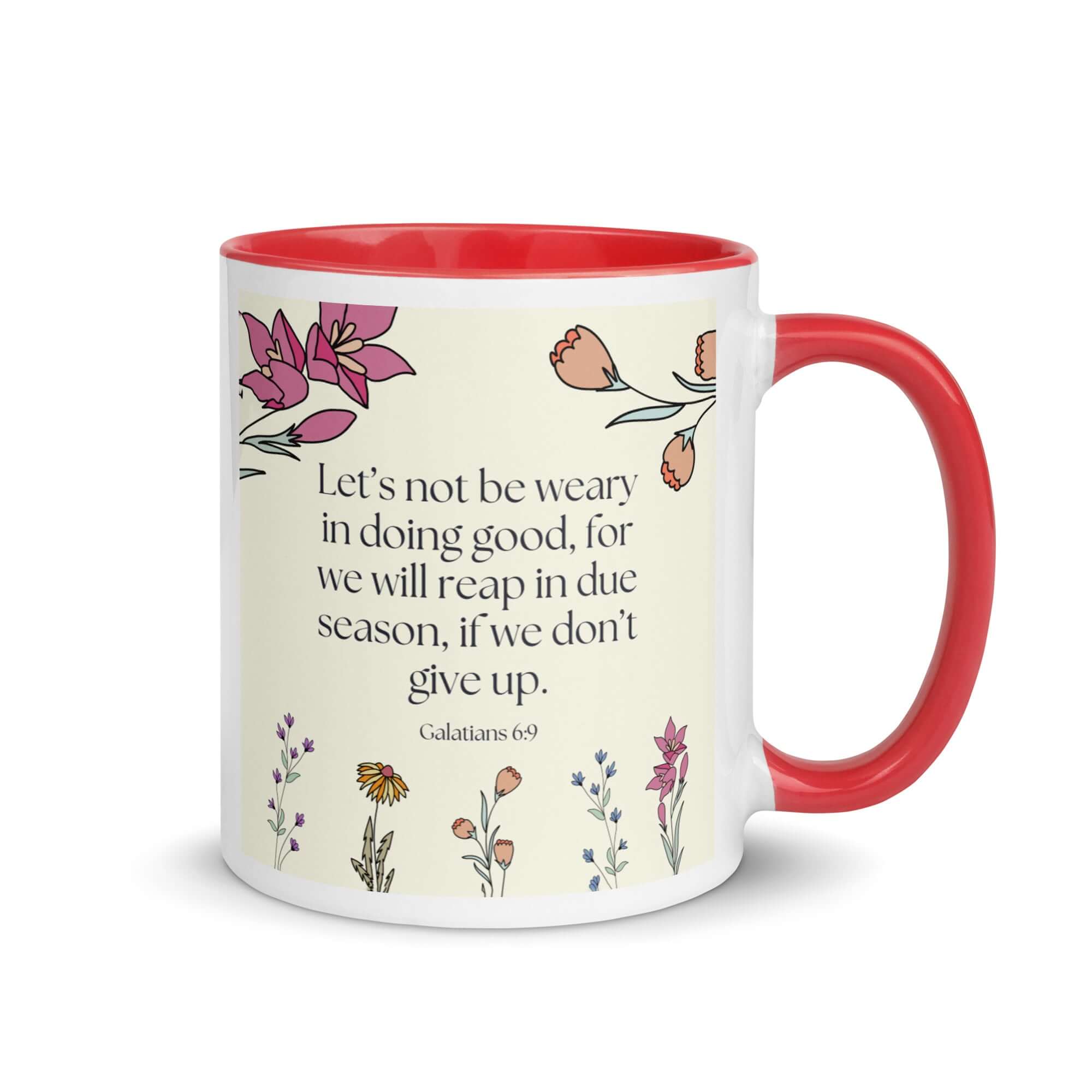 Galatians 6:9 Bible Verse, in doing good White Ceramic Mug with Color Inside Red 11 oz