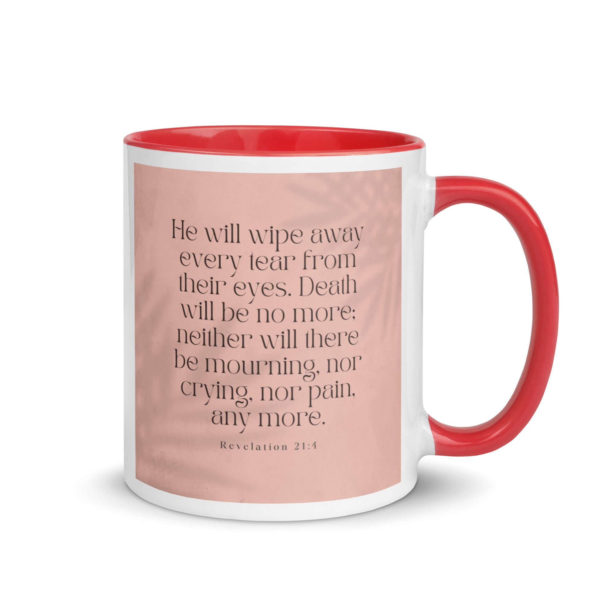 Revelation 21:4 Bible Verse, their eyes White Ceramic Mug with Color Inside Red 11 oz