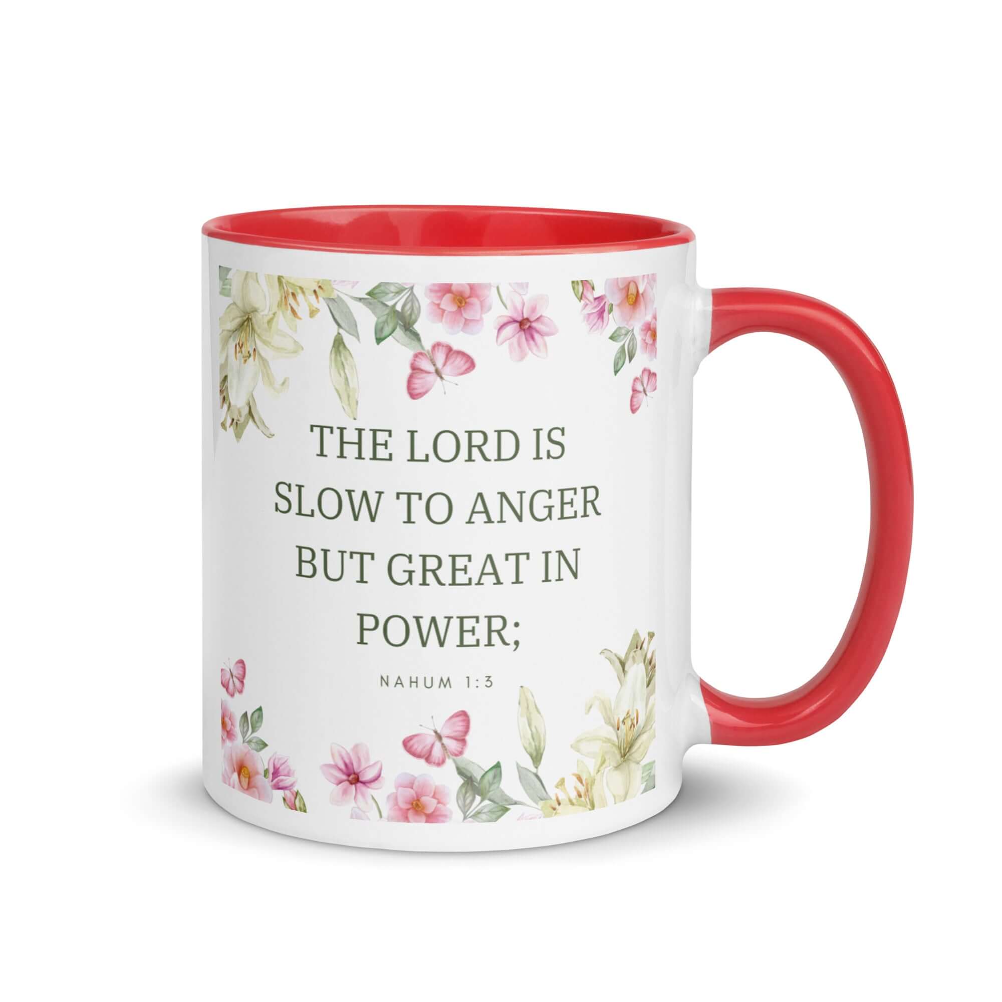 Nahum 1:3 Bible Verse, slow to anger White Ceramic Mug with Color Inside Red 11 oz