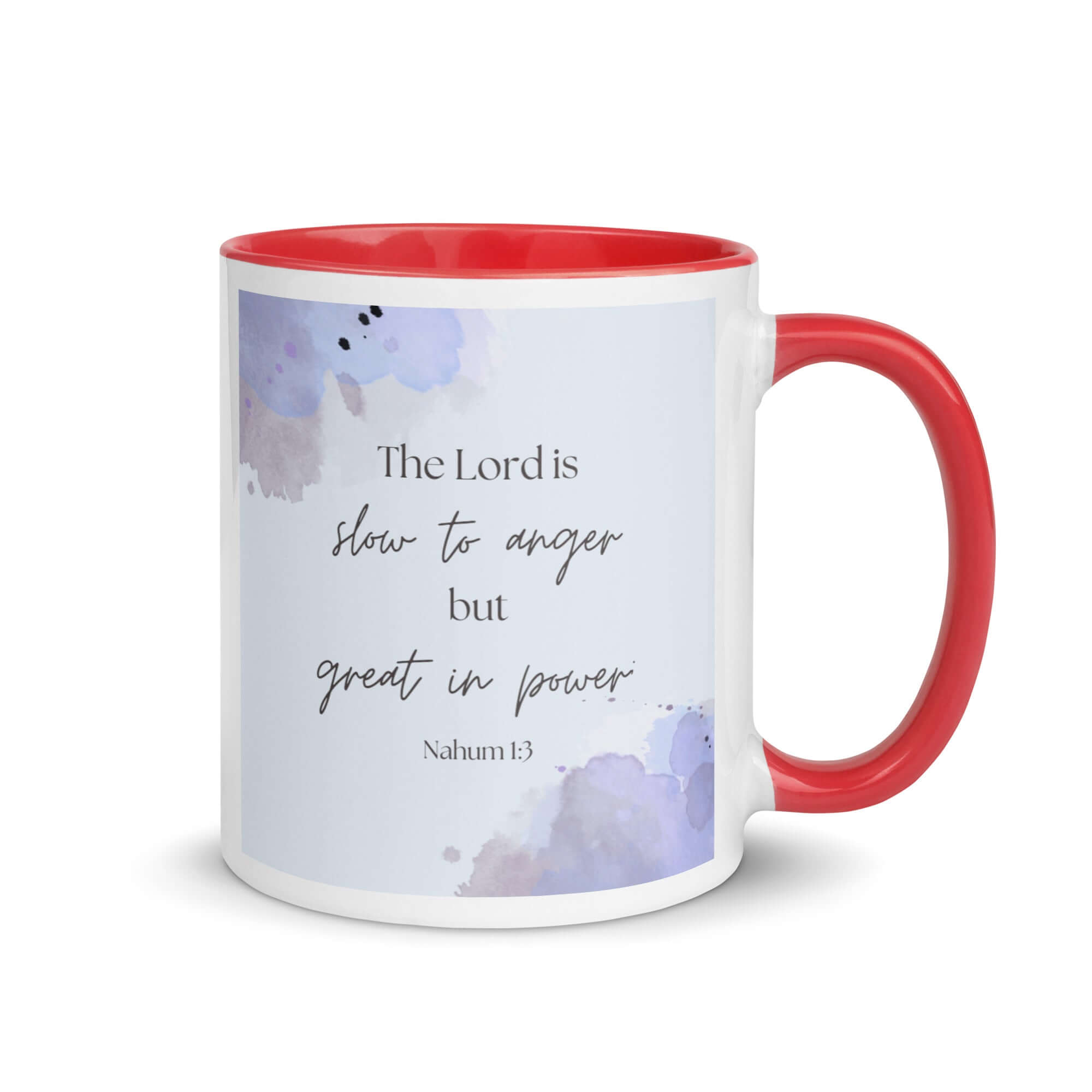 Nahum 1:3 Bible Verse, great in power White Ceramic Mug with Color Inside Red 11 oz
