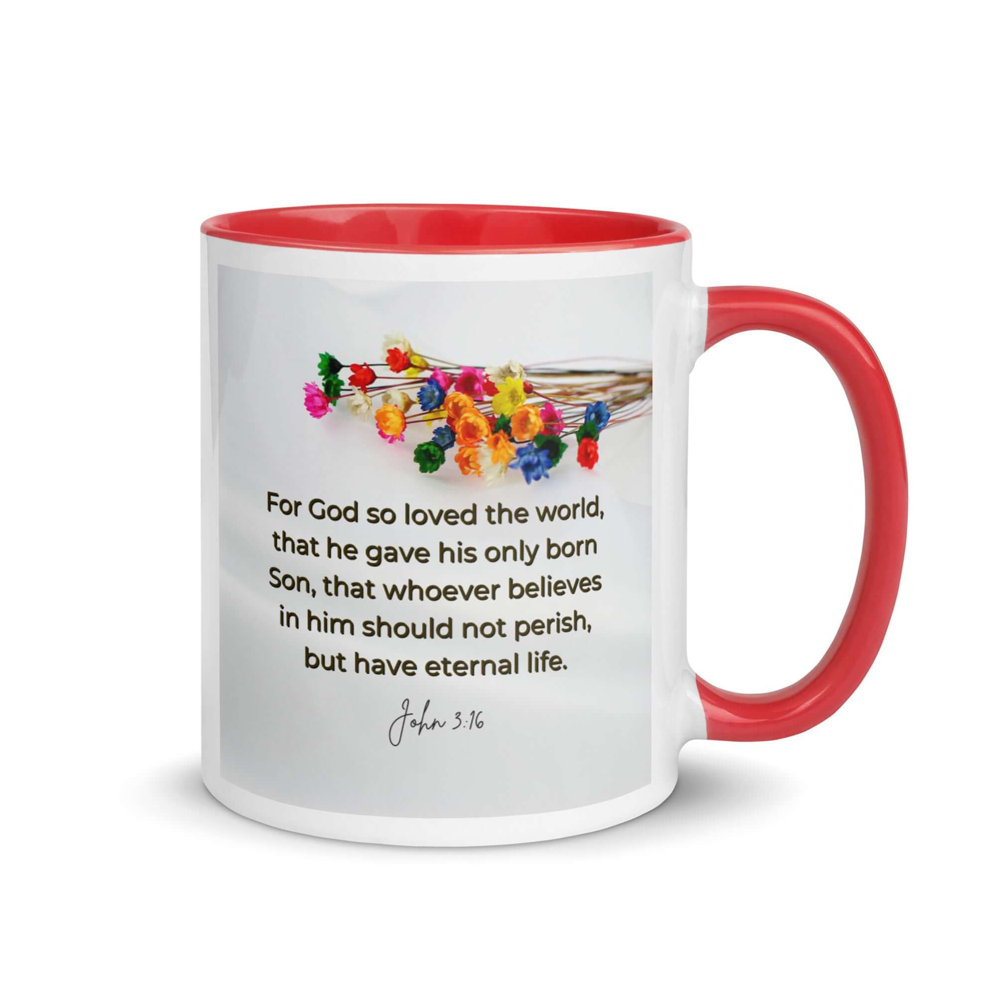 John 3:16 Bible Verse, He gave His Son White Ceramic Mug with Color Inside Red 11 oz