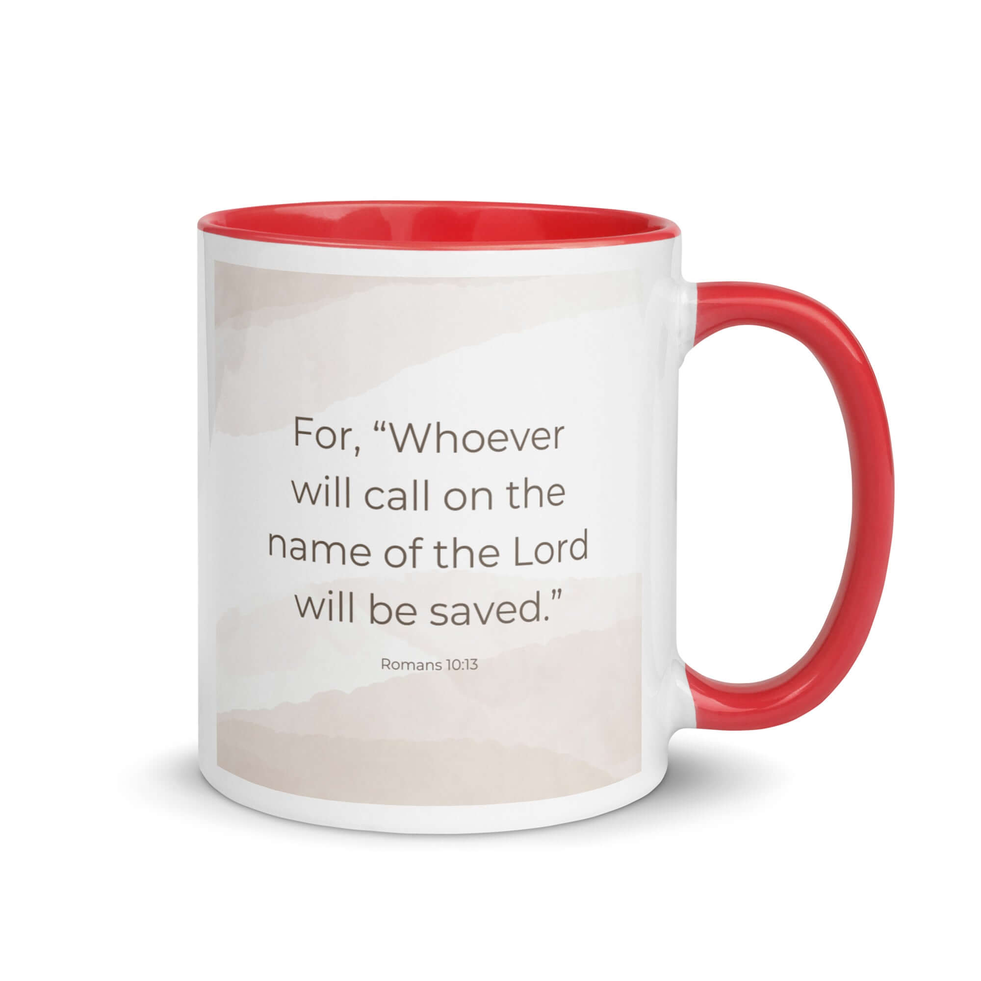 Romans 10:13 Bible Verse, the name White Ceramic Mug with Color Inside Red 11 oz