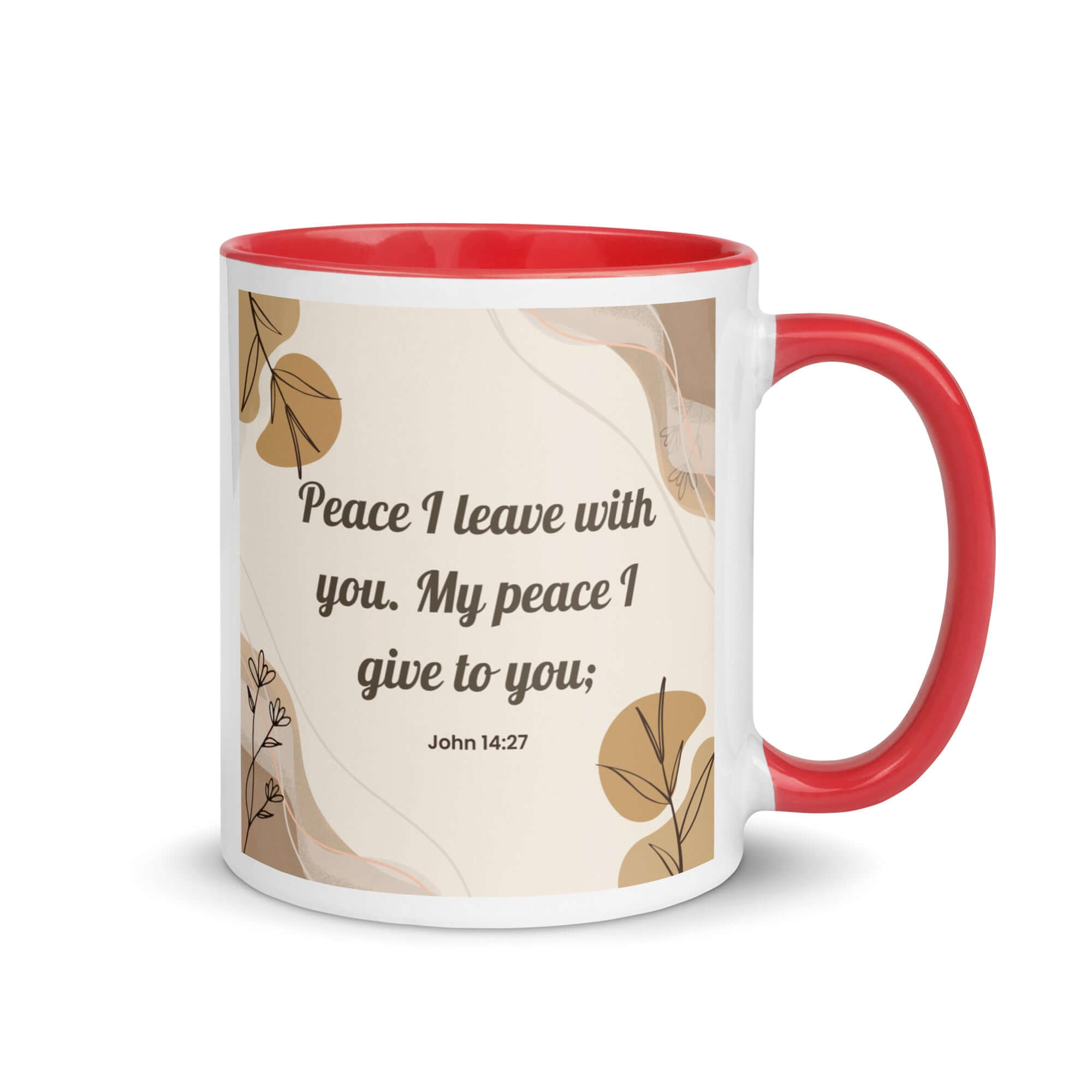 John 14:27 Bible Verse, Peace I White Ceramic Mug with Color Inside Red 11 oz
