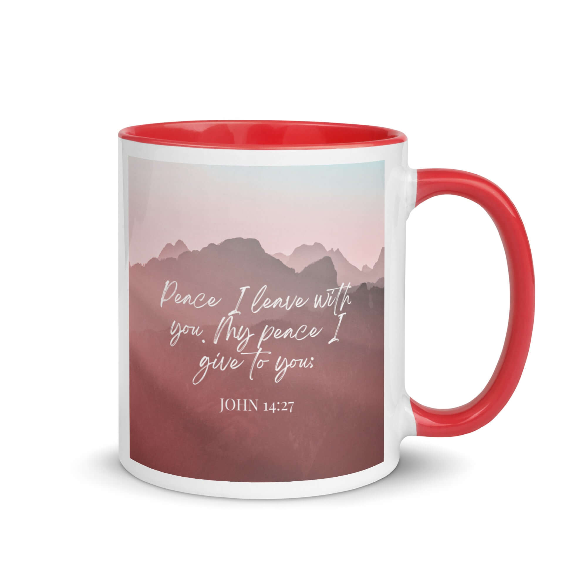 John 14:27 Bible Verse, I give you White Ceramic Mug with Color Inside Red 11 oz