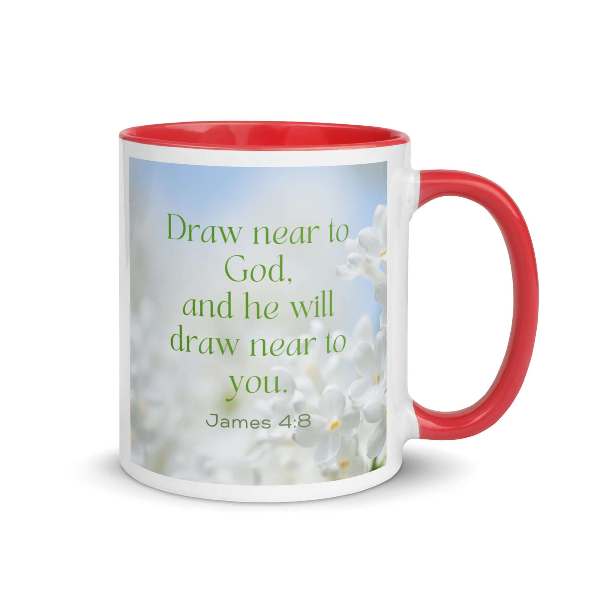 James 4:8 Bible Verse, Draw near White Ceramic Mug with Color Inside Red 11 oz