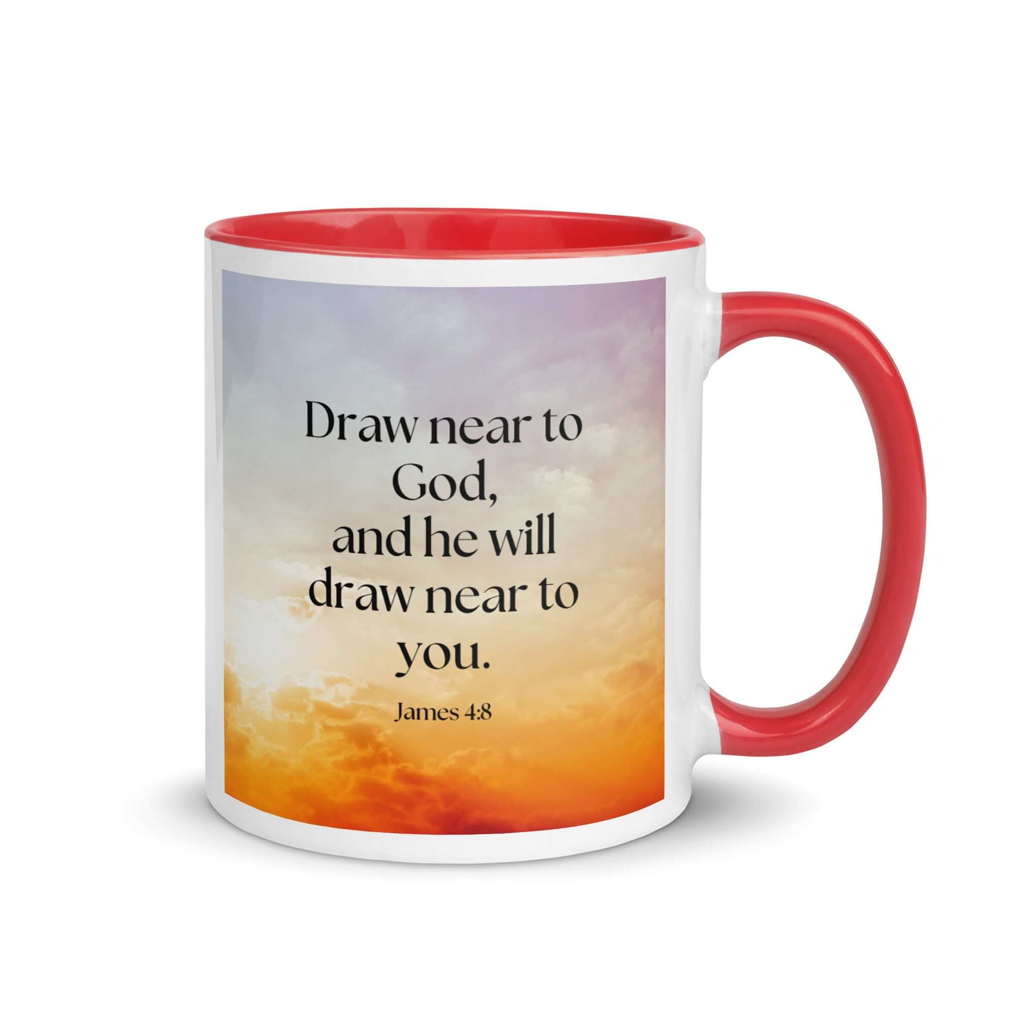 James 4:8 Bible Verse, he will draw White Ceramic Mug with Color Inside Red 11 oz