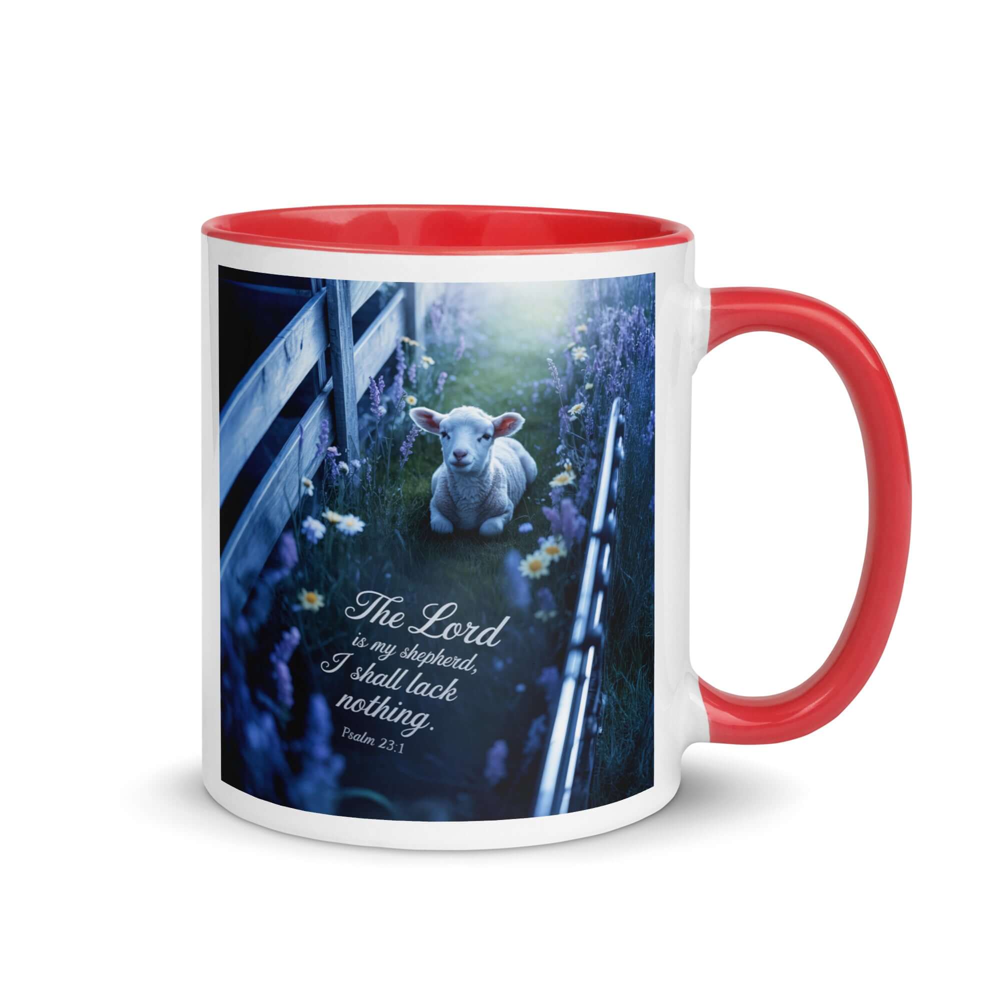 Psalm 23:1 Bible Verse, Shepherd White Ceramic Mug with Color Inside Red 11 oz